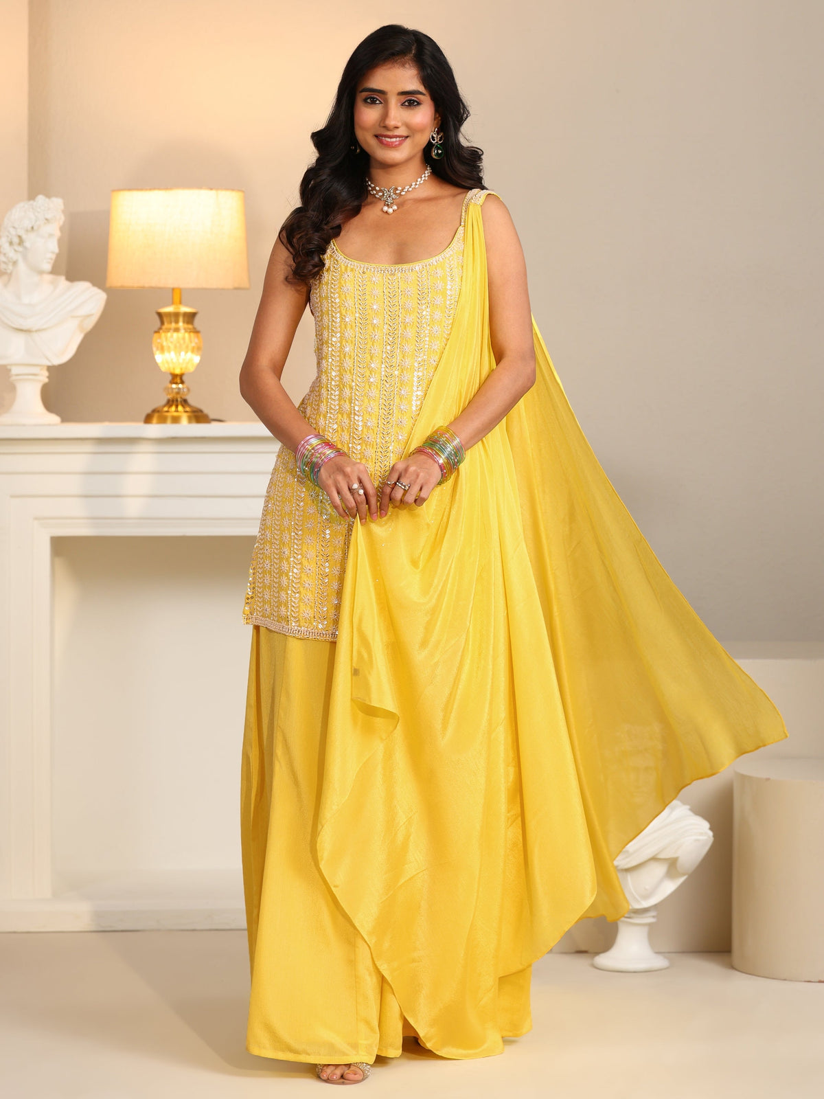 Anouk Art Yellow Embellished Strappy Chinon Palazzo Suit Set