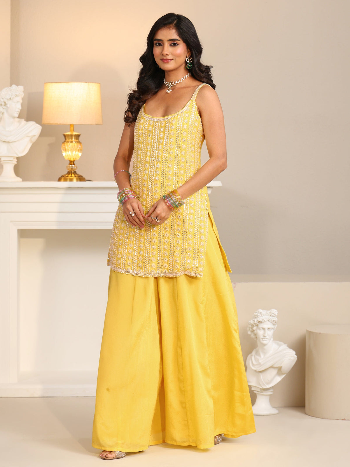 Anouk Art Yellow Embellished Strappy Chinon Palazzo Suit Set