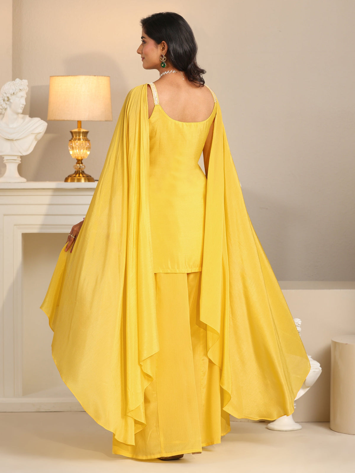 Anouk Art Yellow Embellished Strappy Chinon Palazzo Suit Set