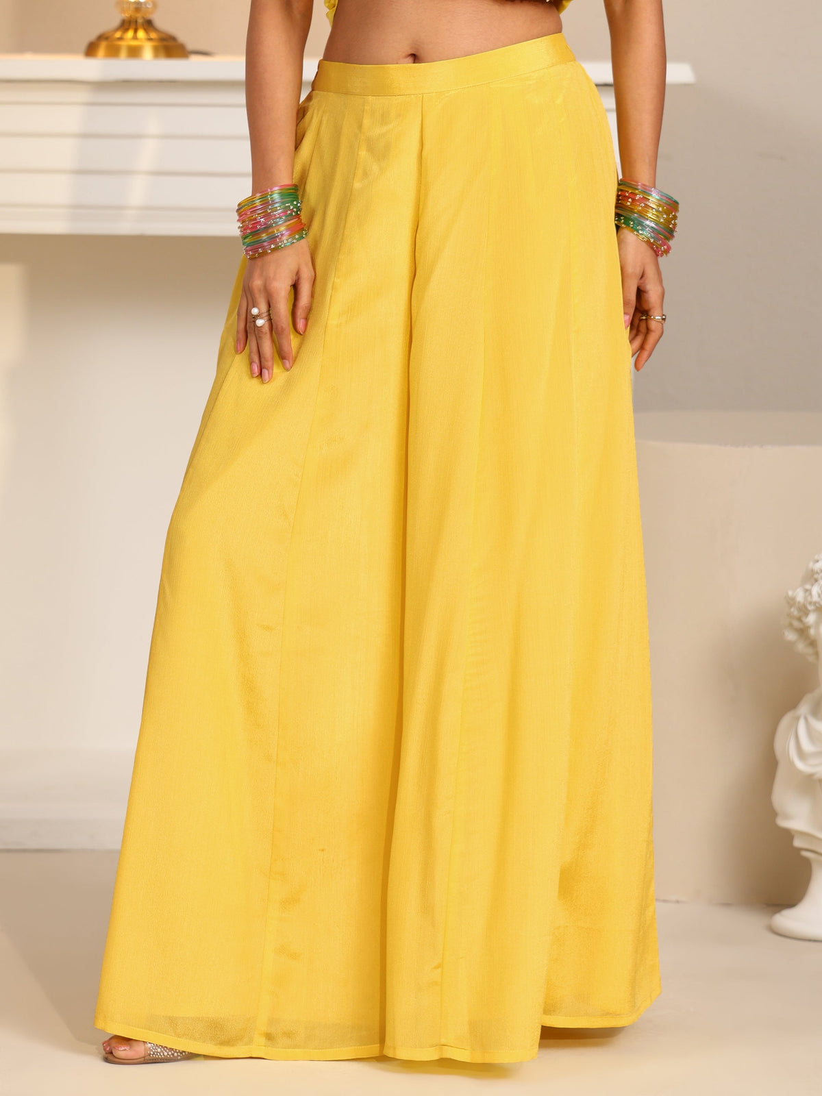 Anouk Art Yellow Embellished Strappy Chinon Palazzo Suit Set