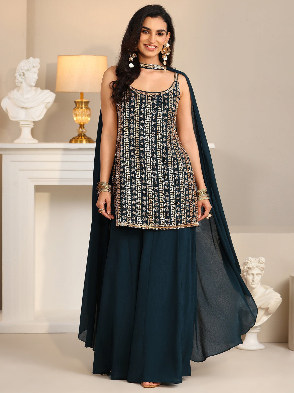 Anouk Art Navy Blue Embellished Strappy Chinon Palazzo Suit Set