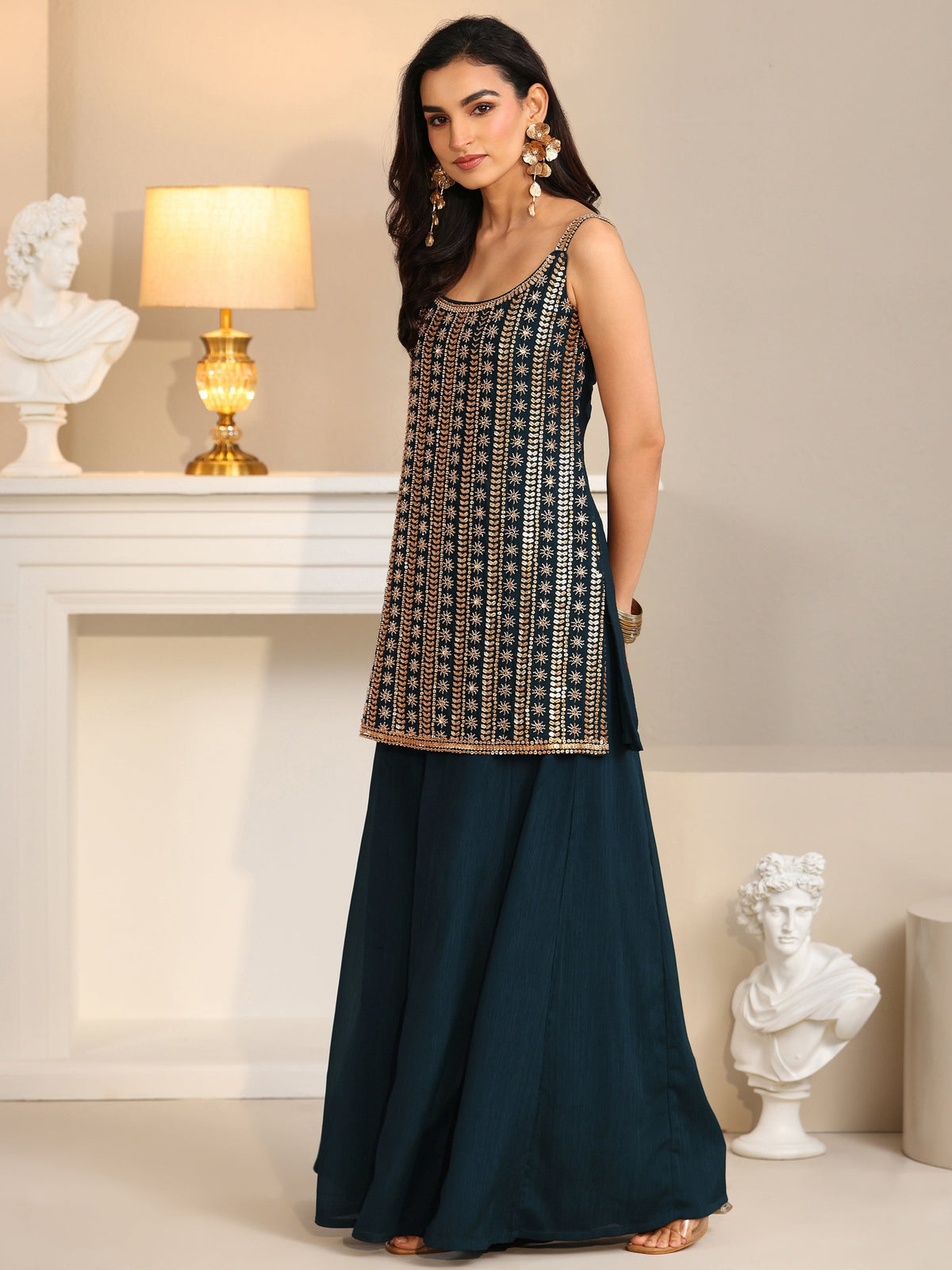 Anouk Art Navy Blue Embellished Strappy Chinon Palazzo Suit Set