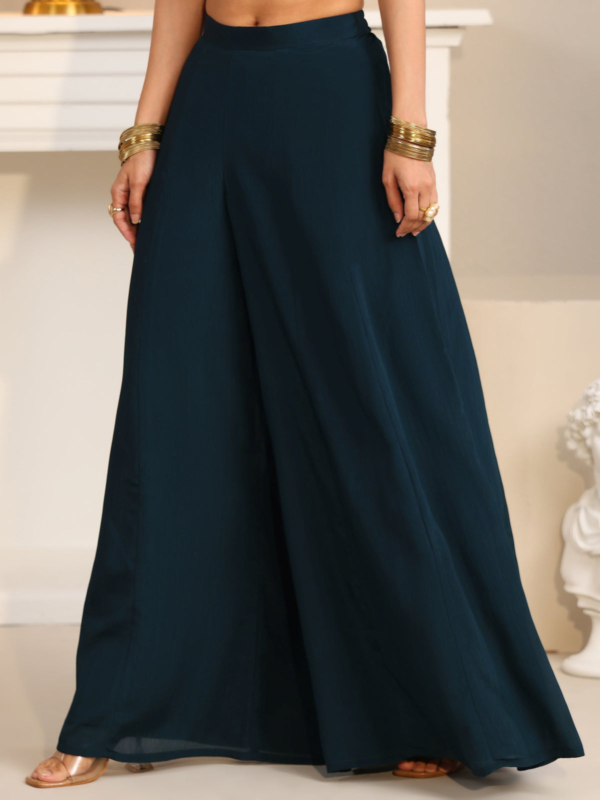 Anouk Art Navy Blue Embellished Strappy Chinon Palazzo Suit Set