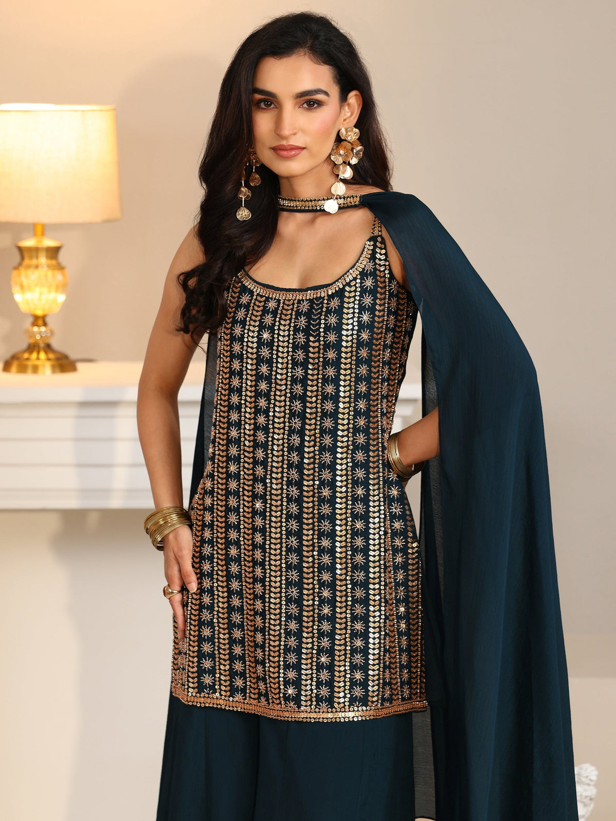 Anouk Art Navy Blue Embellished Strappy Chinon Palazzo Suit Set