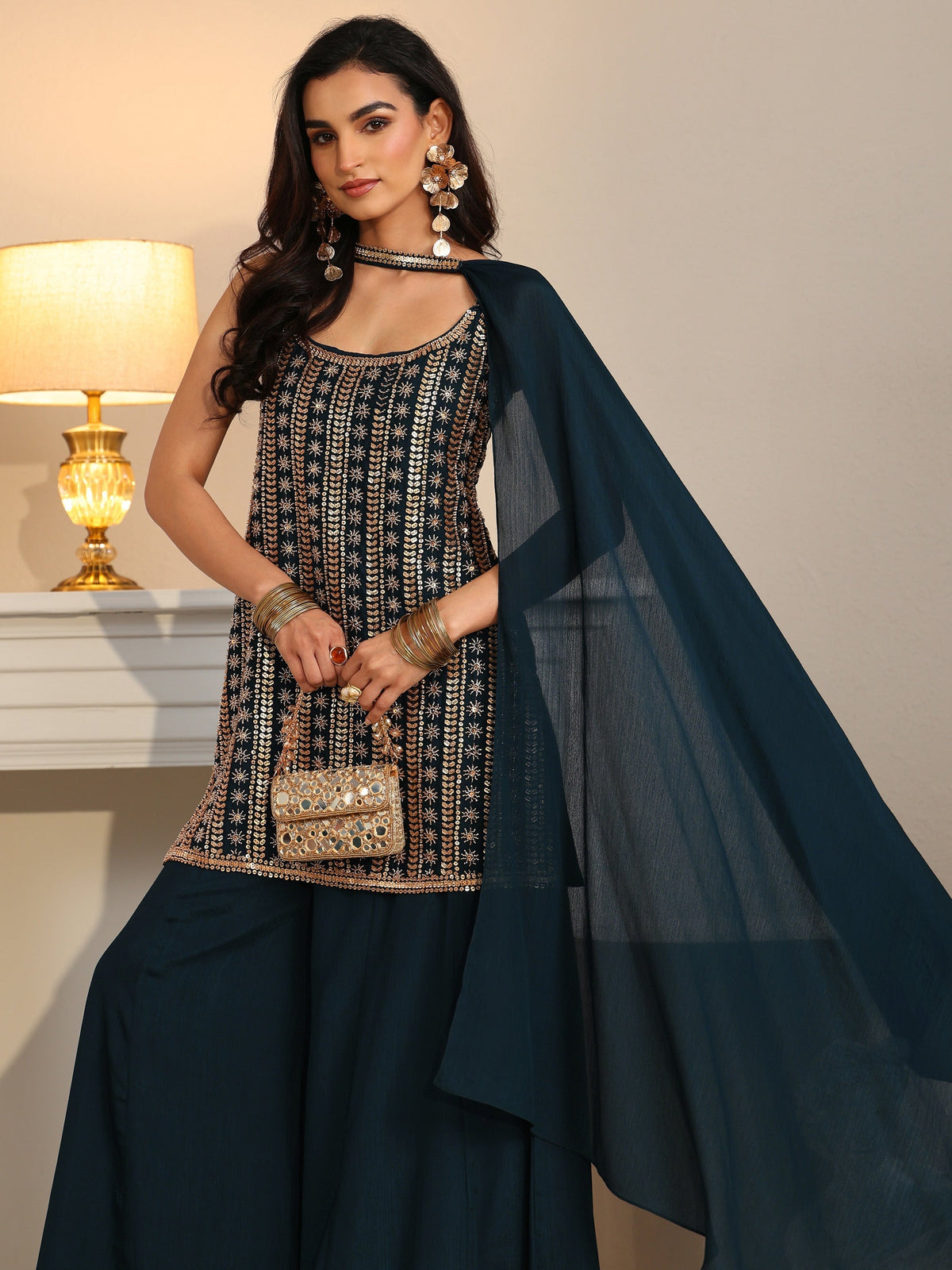 Anouk Art Navy Blue Embellished Strappy Chinon Palazzo Suit Set