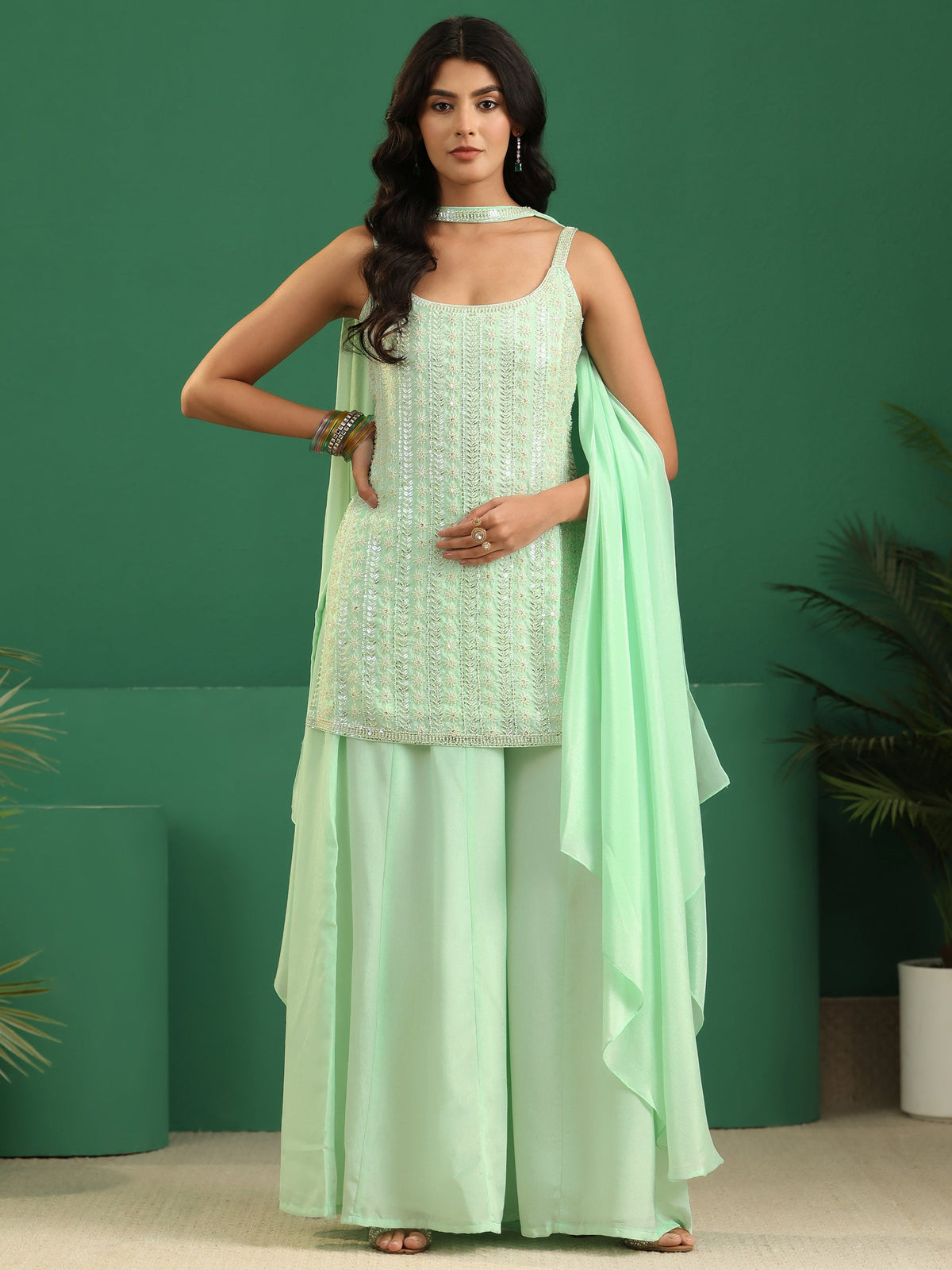 Anouk Art Mint Green Sequin Embellished Strappy Chinon Palazzo Suit Set