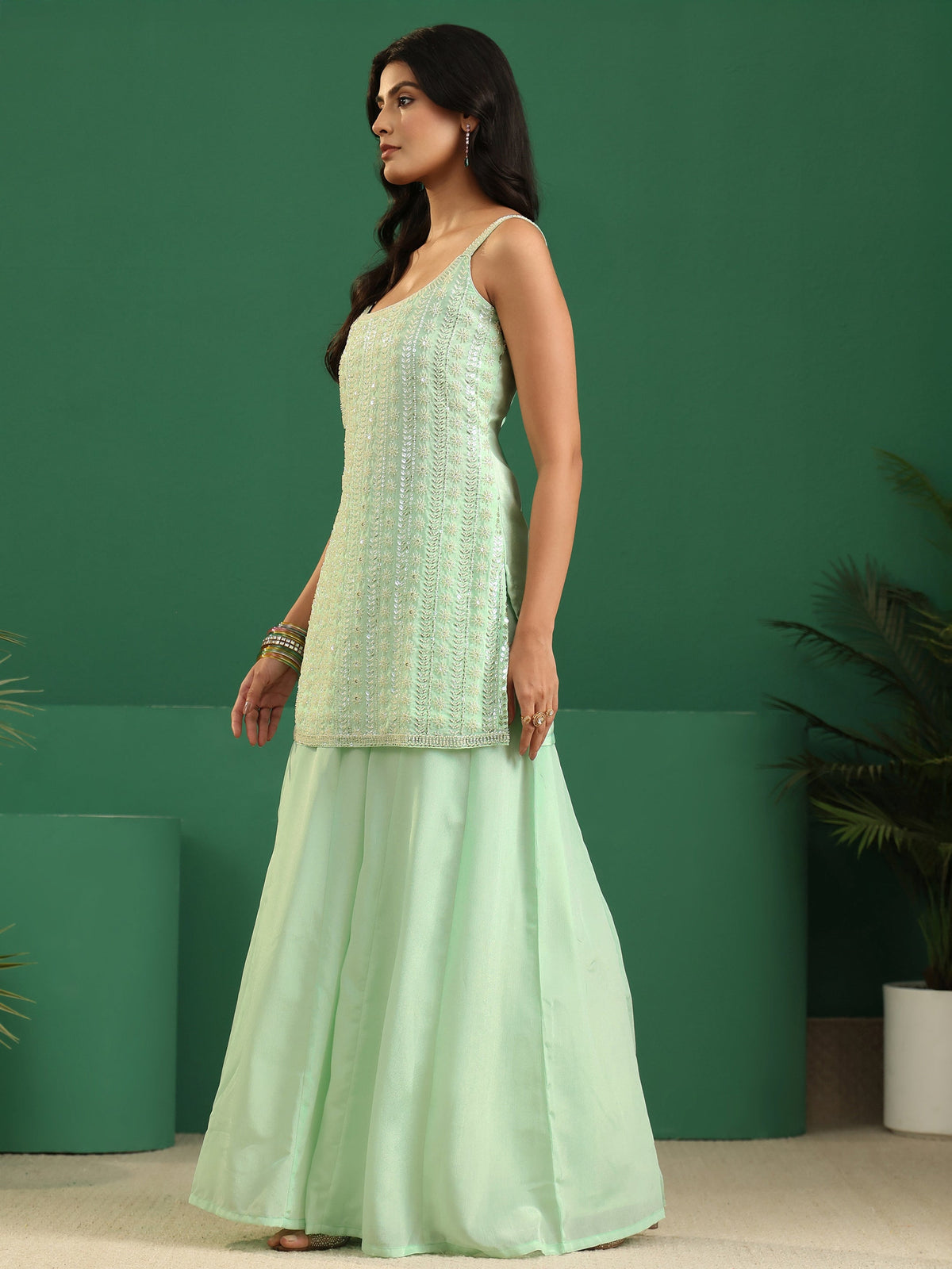 Anouk Art Mint Green Sequin Embellished Strappy Chinon Palazzo Suit Set