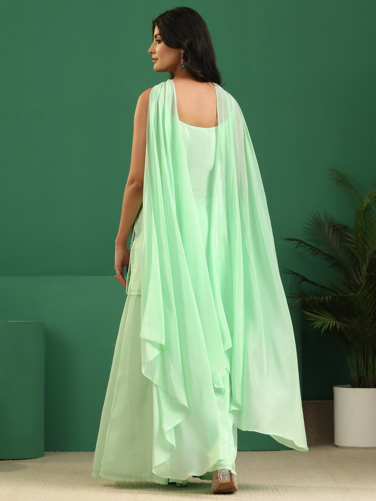 Anouk Art Mint Green Sequin Embellished Strappy Chinon Palazzo Suit Set