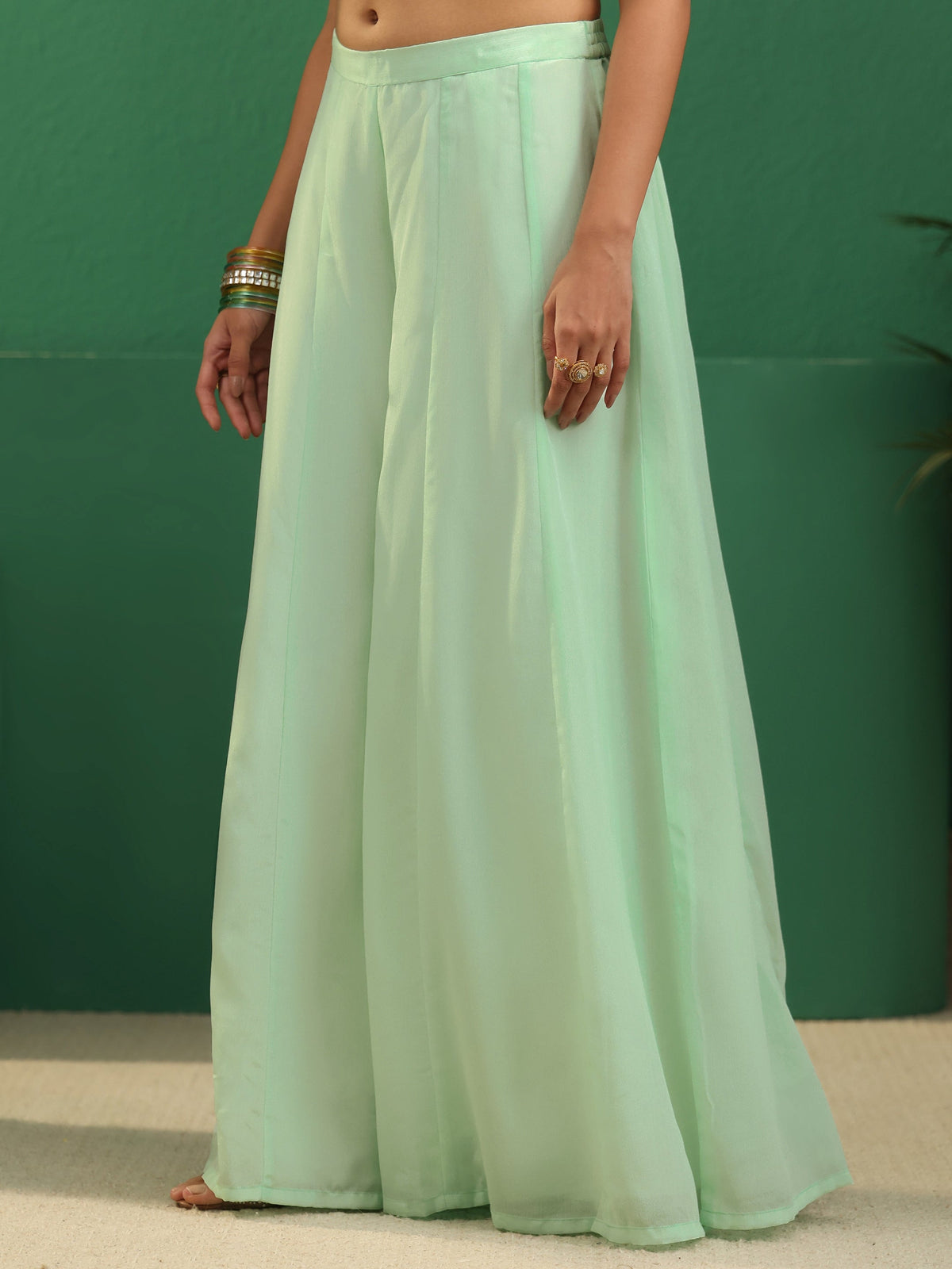 Anouk Art Mint Green Sequin Embellished Strappy Chinon Palazzo Suit Set