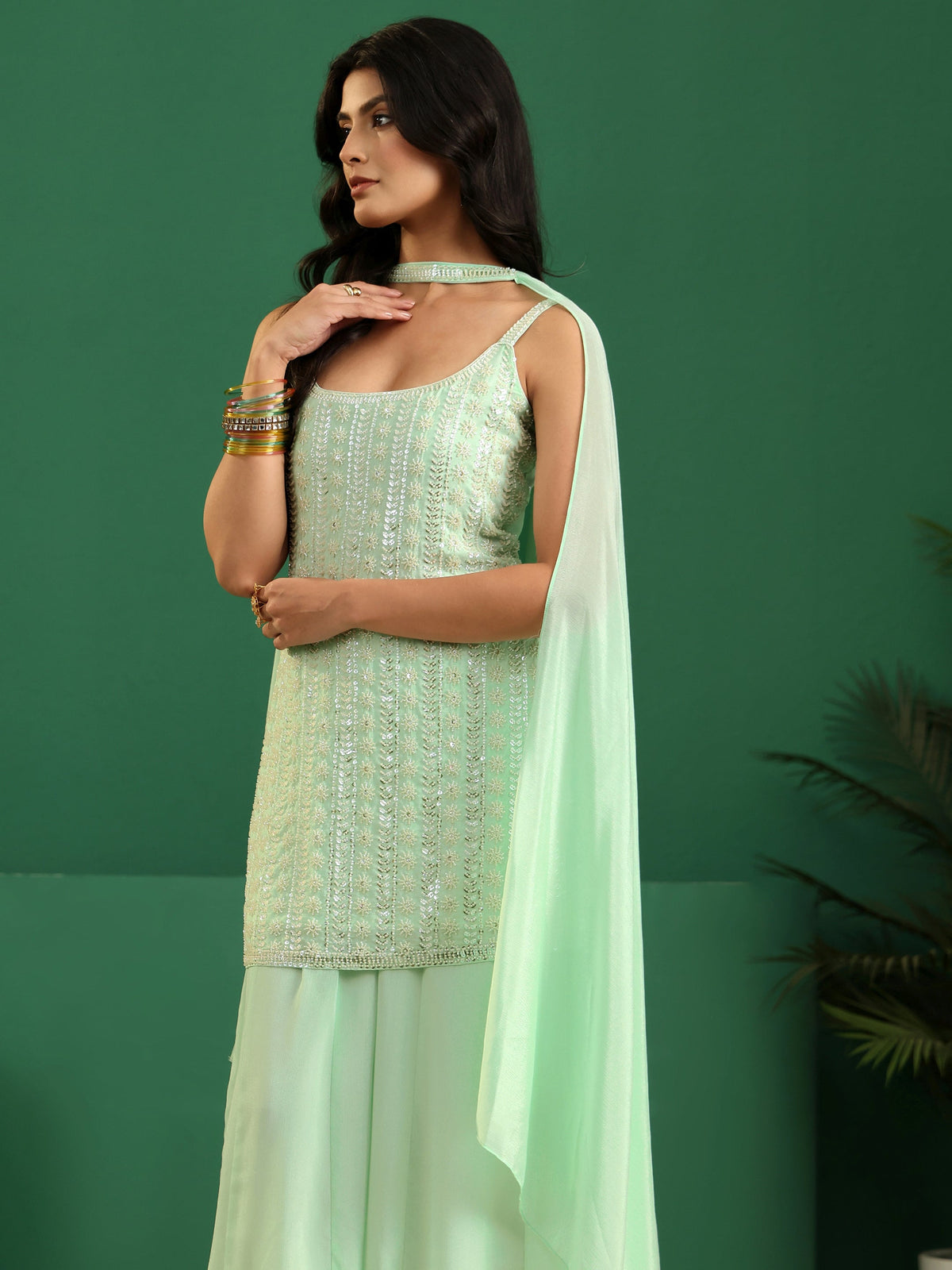 Anouk Art Mint Green Sequin Embellished Strappy Chinon Palazzo Suit Set