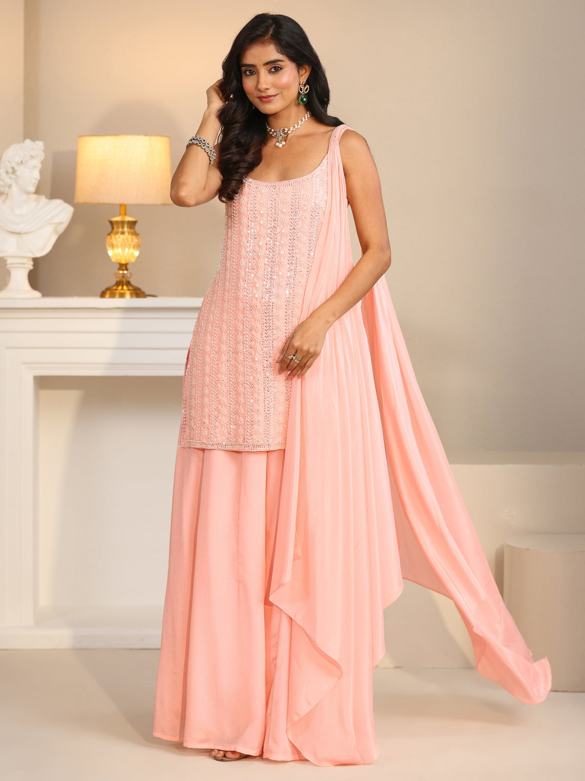 Anouk Art Baby Pink Embellished Strappy Chinon Palazzo Suit Set