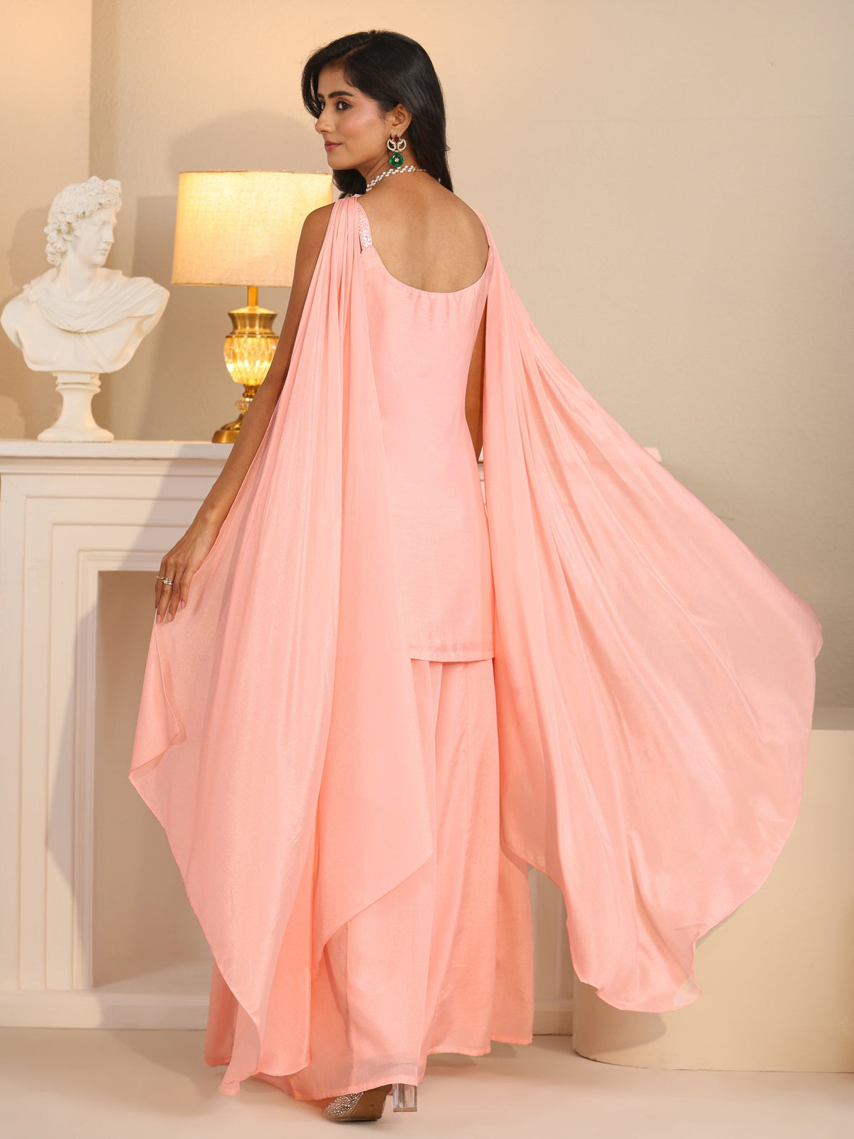Anouk Art Baby Pink Embellished Strappy Chinon Palazzo Suit Set