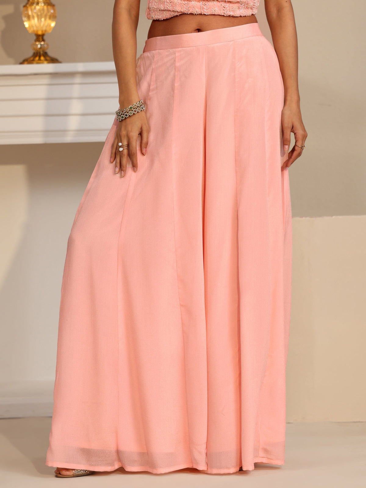 Anouk Art Baby Pink Embellished Strappy Chinon Palazzo Suit Set