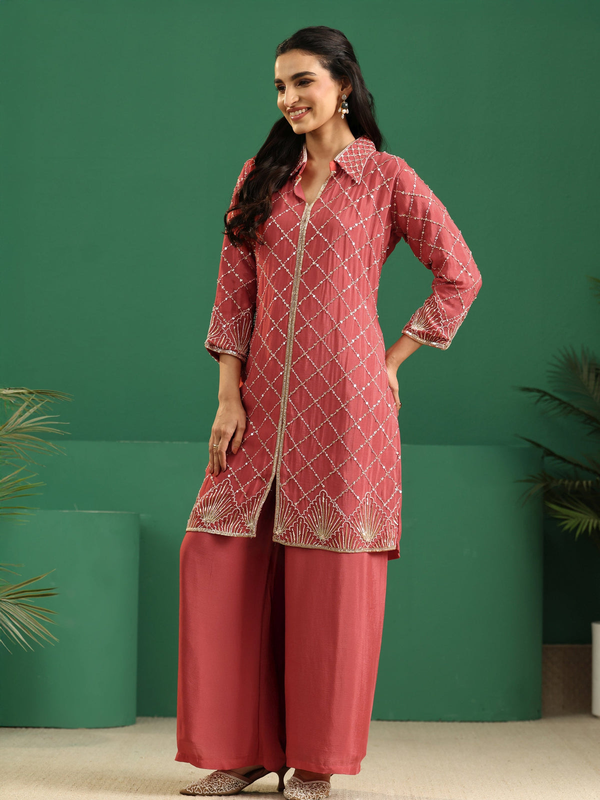 Anouk Art Dusty Rose Pink Embellished Chinon Co-Ord Set