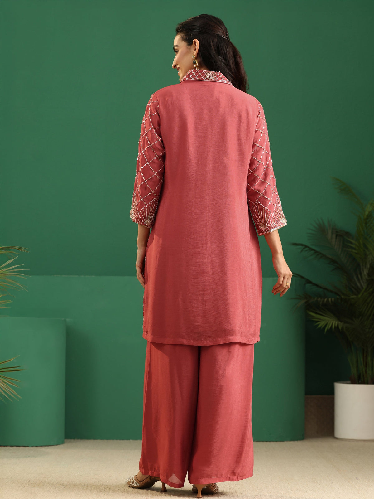 Anouk Art Dusty Rose Pink Embellished Chinon Co-Ord Set