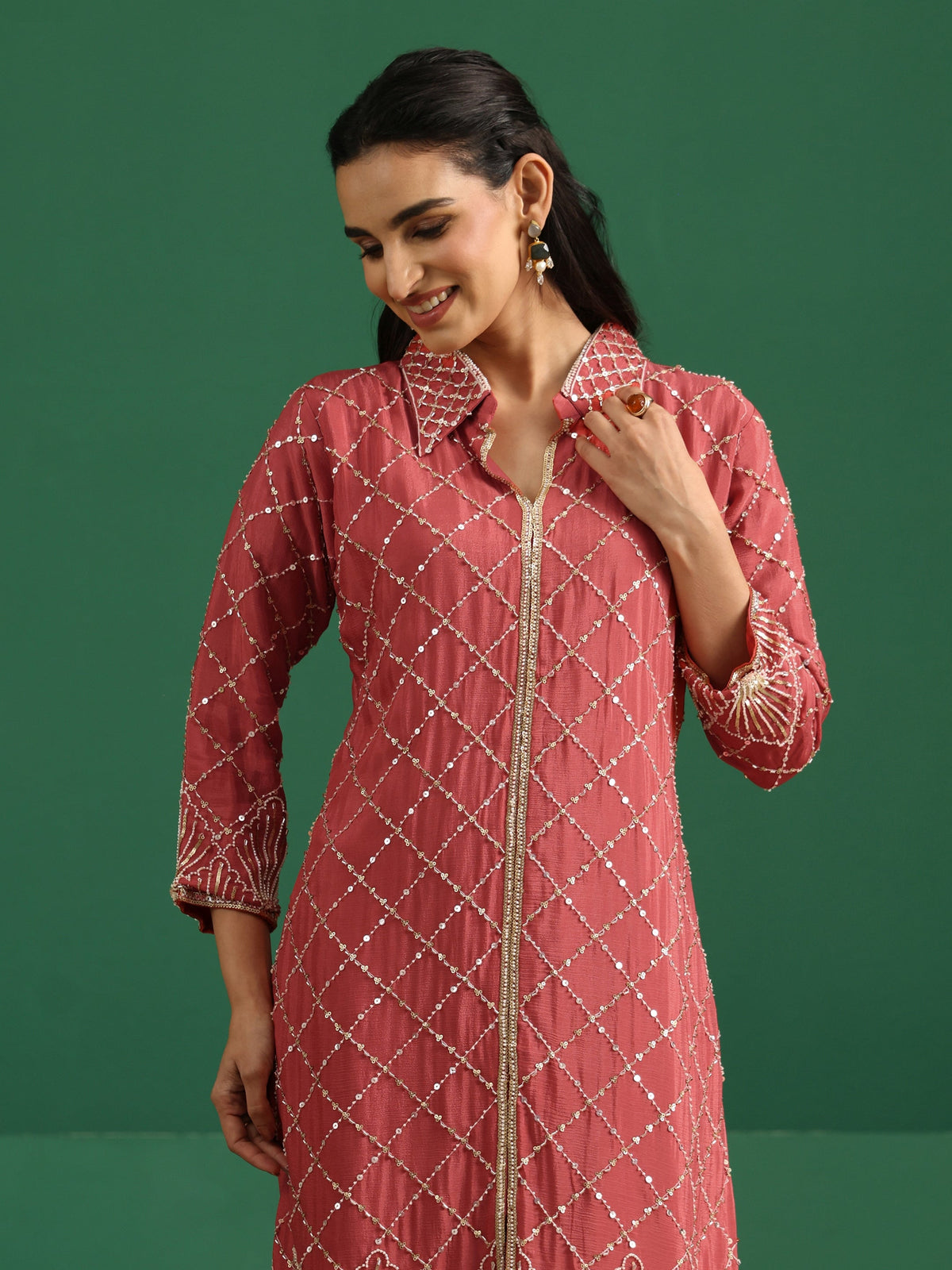 Anouk Art Dusty Rose Pink Embellished Chinon Co-Ord Set