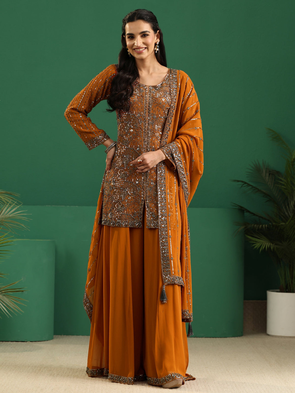 Anouk Art Rust Brown Embellished Georgette Palazzo Suit Set