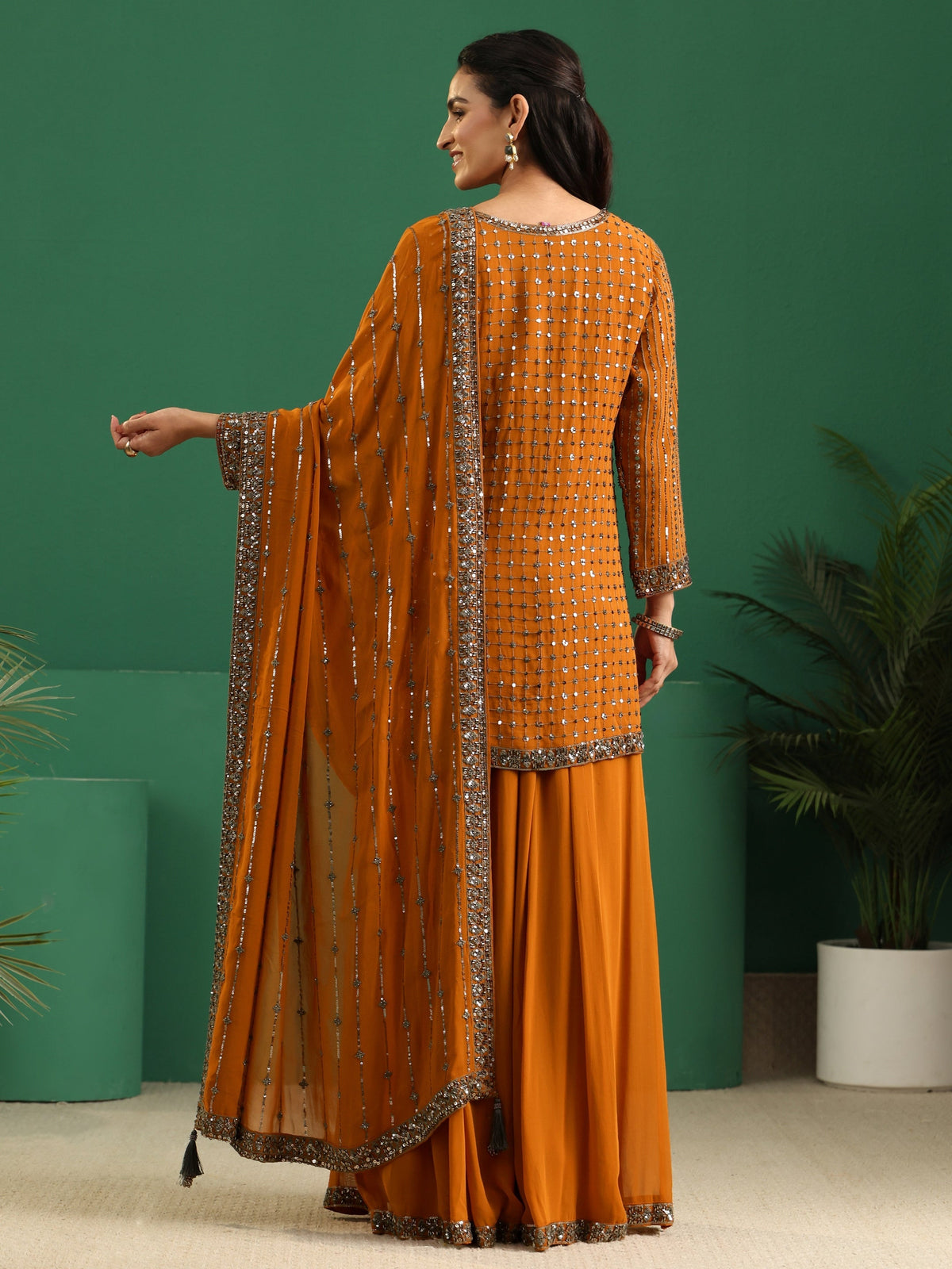 Anouk Art Rust Brown Embellished Georgette Palazzo Suit Set