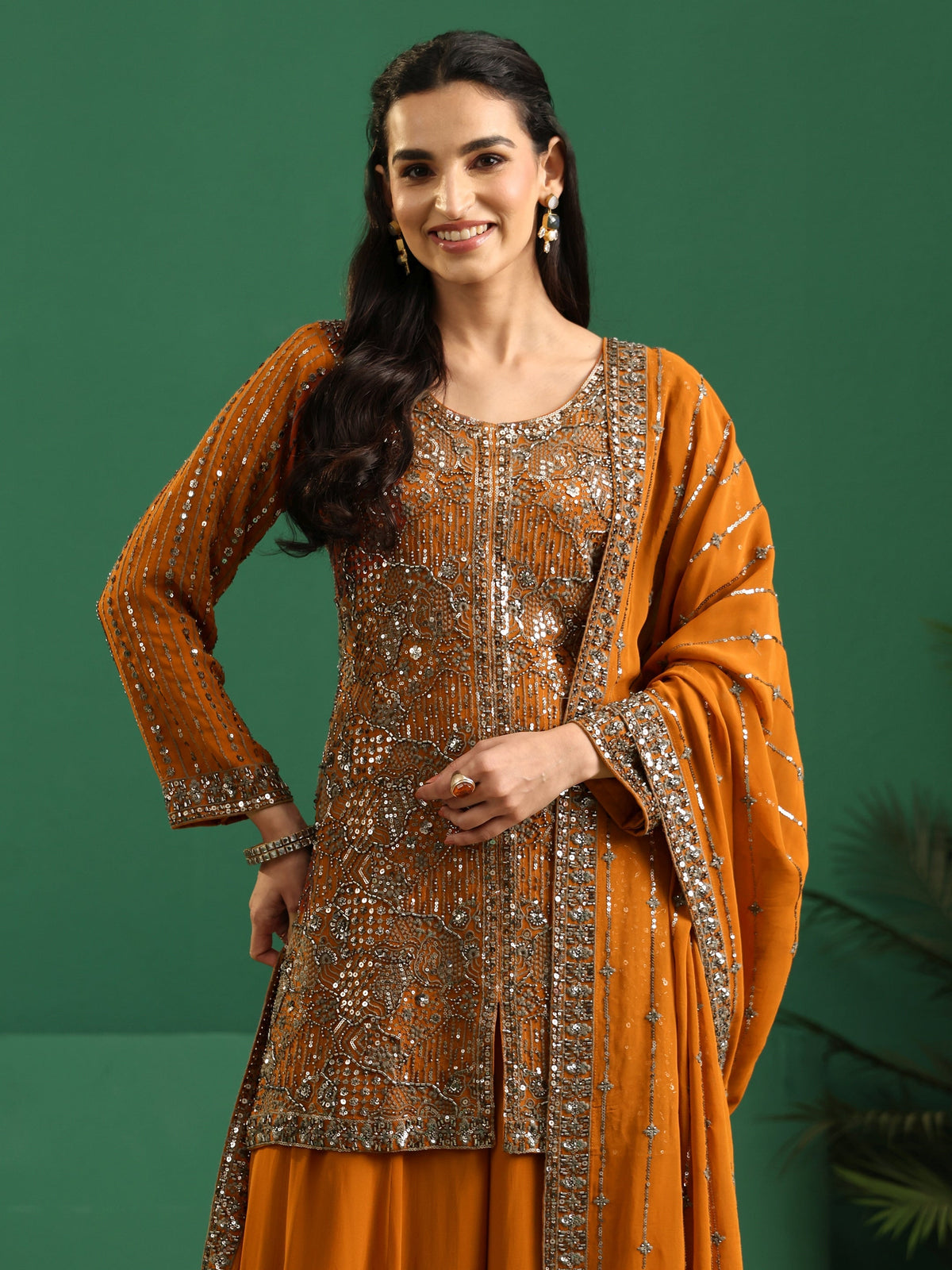 Anouk Art Rust Brown Embellished Georgette Palazzo Suit Set