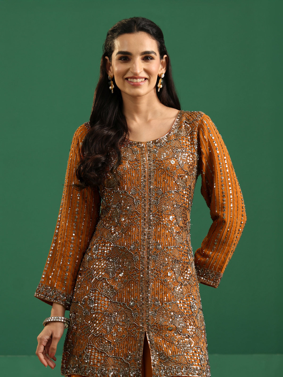 Anouk Art Rust Brown Embellished Georgette Palazzo Suit Set