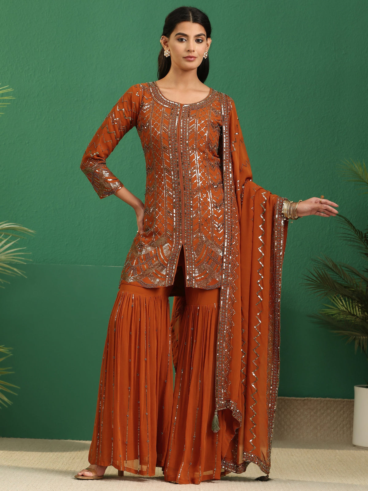 Anouk Art Rust Brown Embellished Georgette Sharara Suit Set