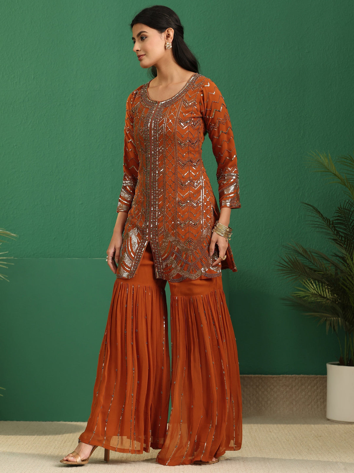 Anouk Art Rust Brown Embellished Georgette Sharara Suit Set
