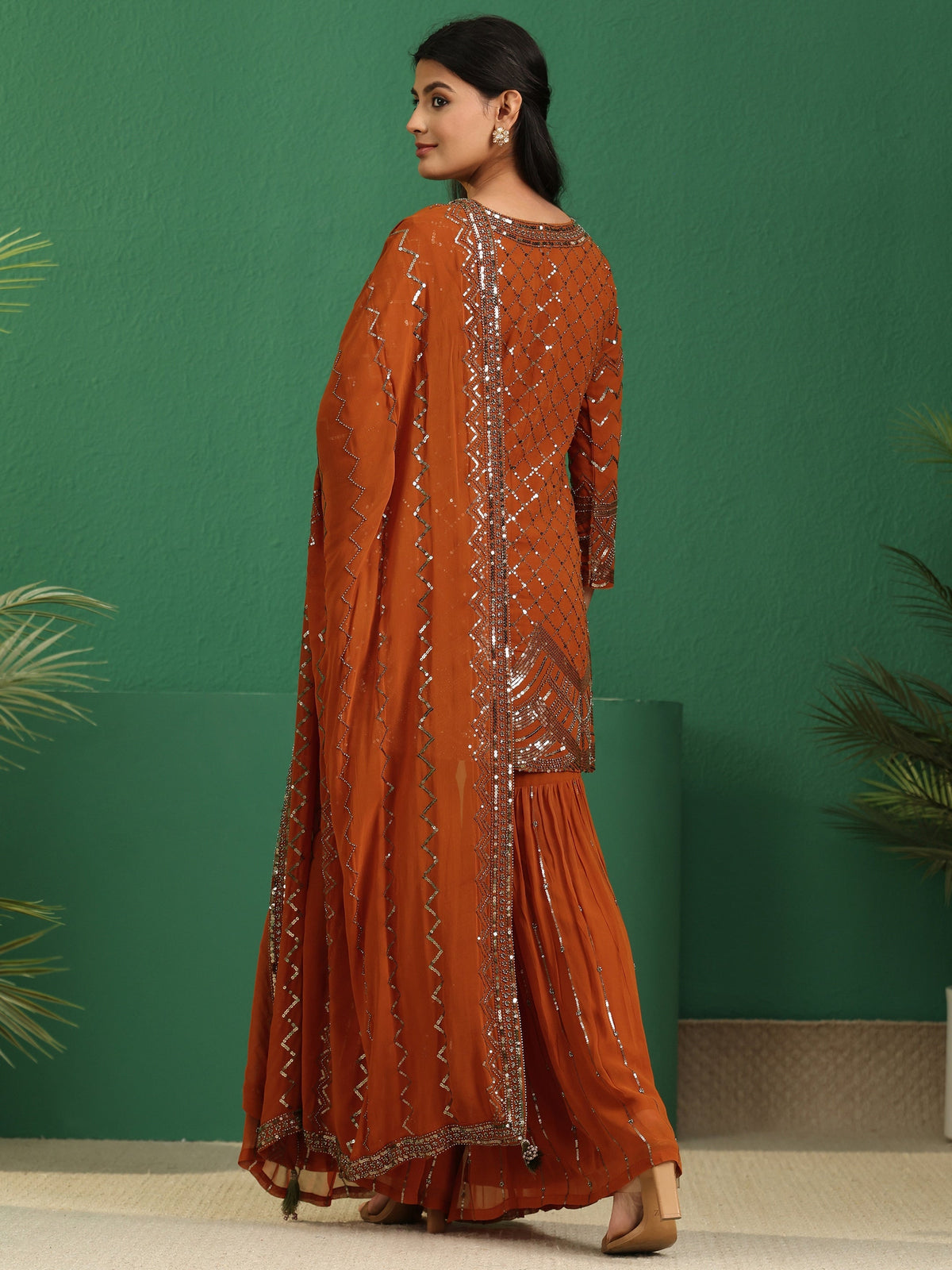 Anouk Art Rust Brown Embellished Georgette Sharara Suit Set