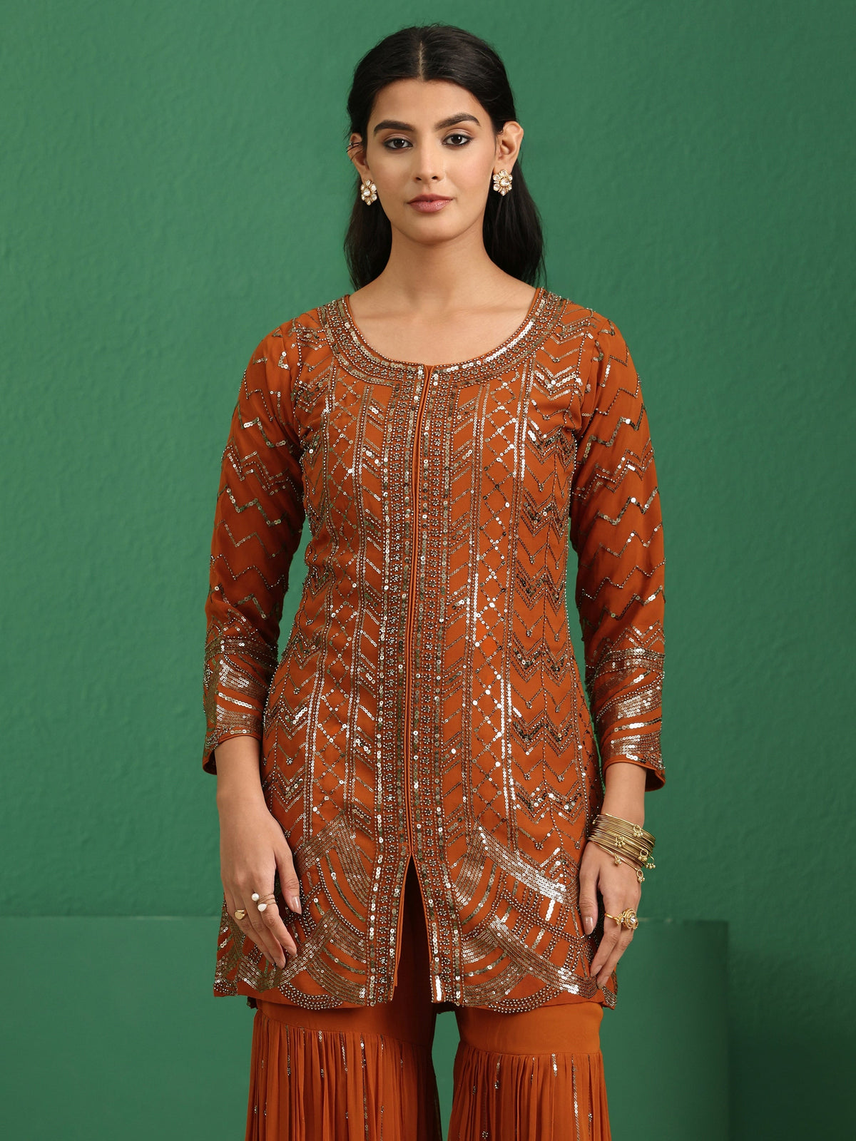 Anouk Art Rust Brown Embellished Georgette Sharara Suit Set