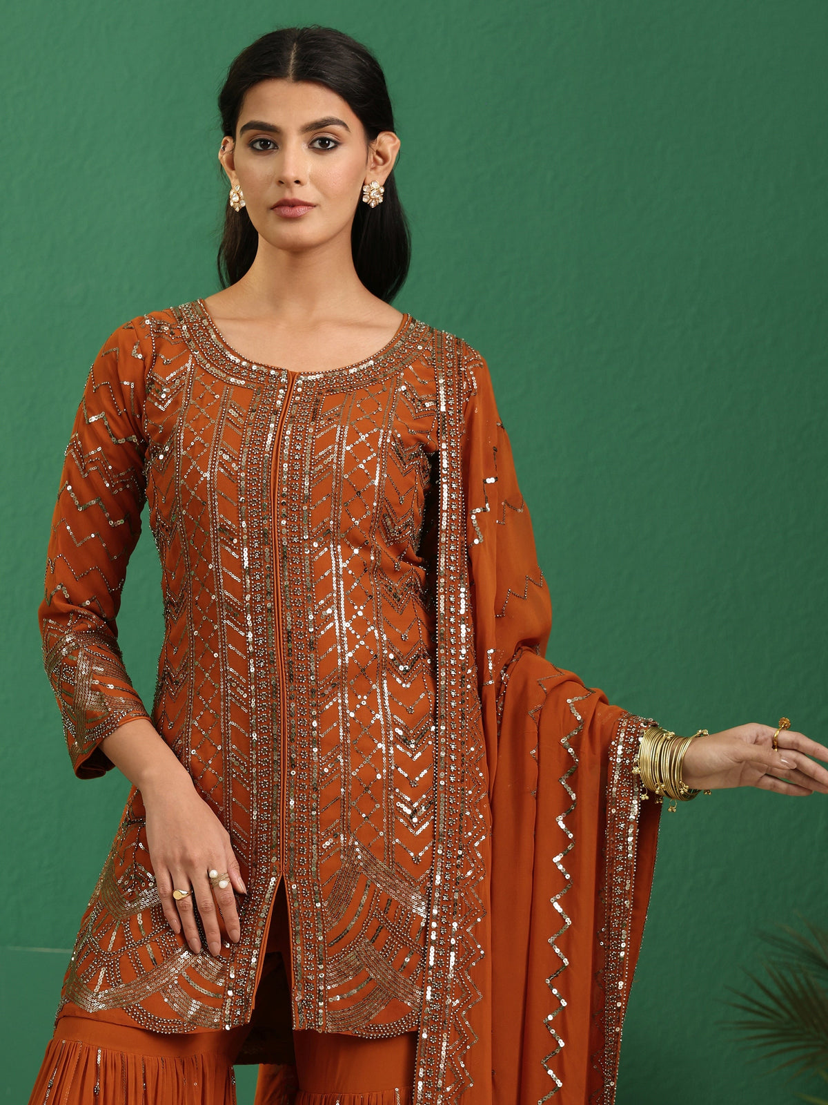Anouk Art Rust Brown Embellished Georgette Sharara Suit Set