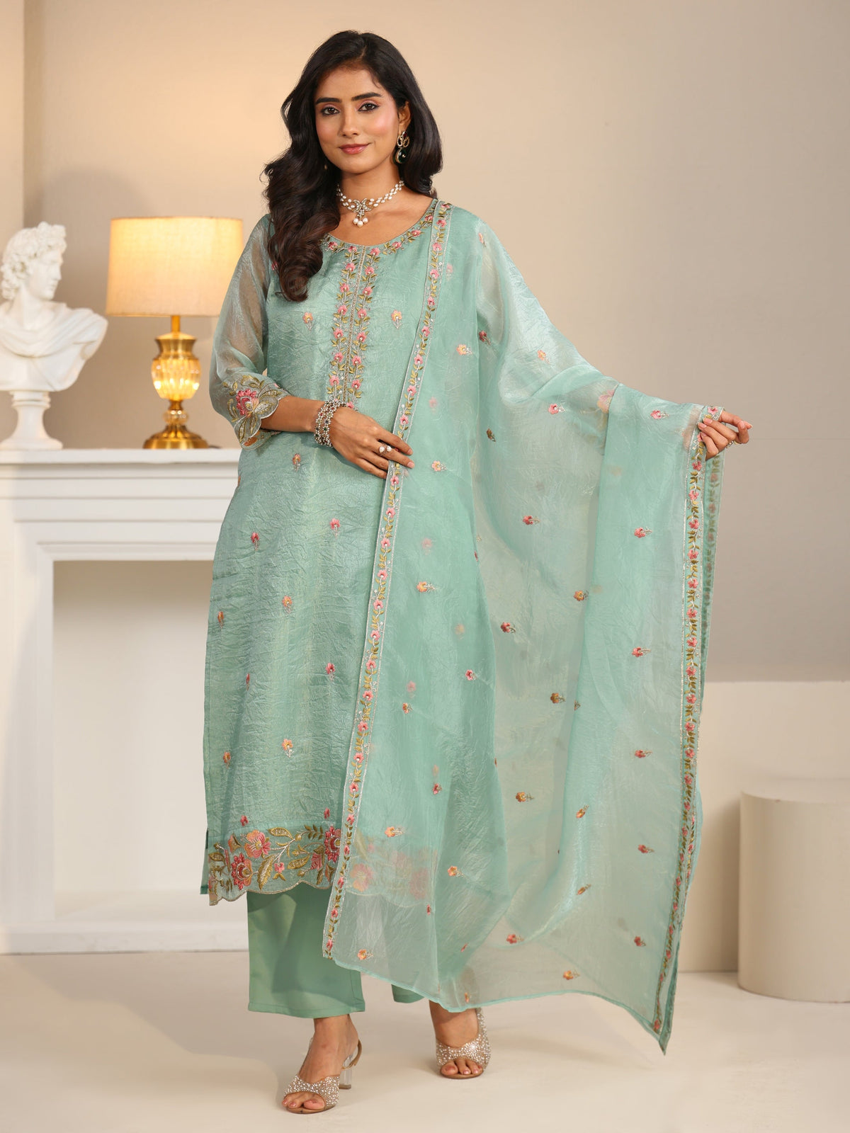 Anouk Pale Turquoise Blue Floral Embroidered Tissue Straight Suit Set