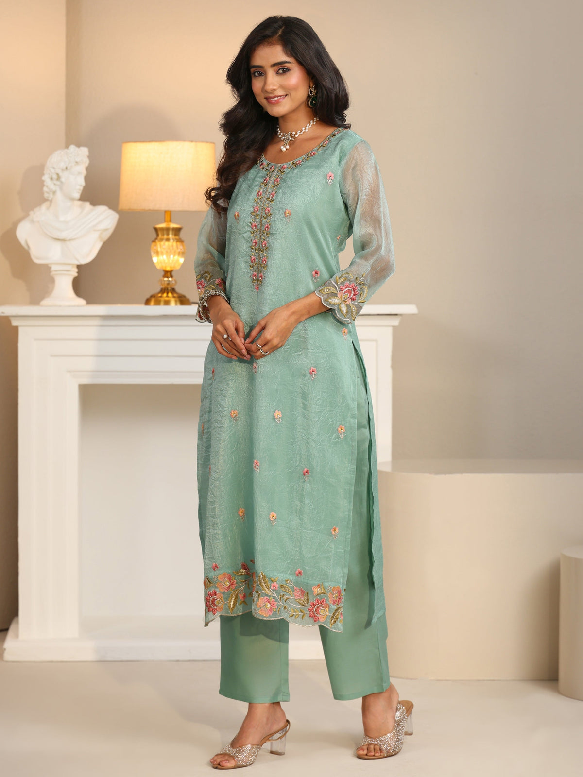 Anouk Pale Turquoise Blue Floral Embroidered Tissue Straight Suit Set