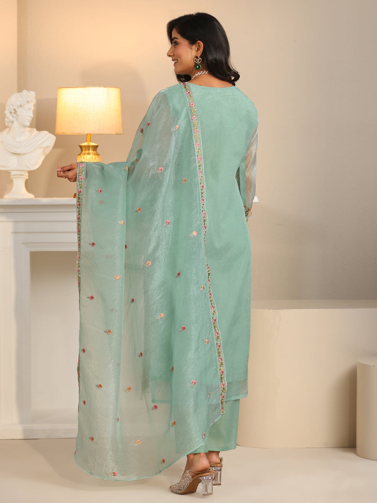 Anouk Pale Turquoise Blue Floral Embroidered Tissue Straight Suit Set