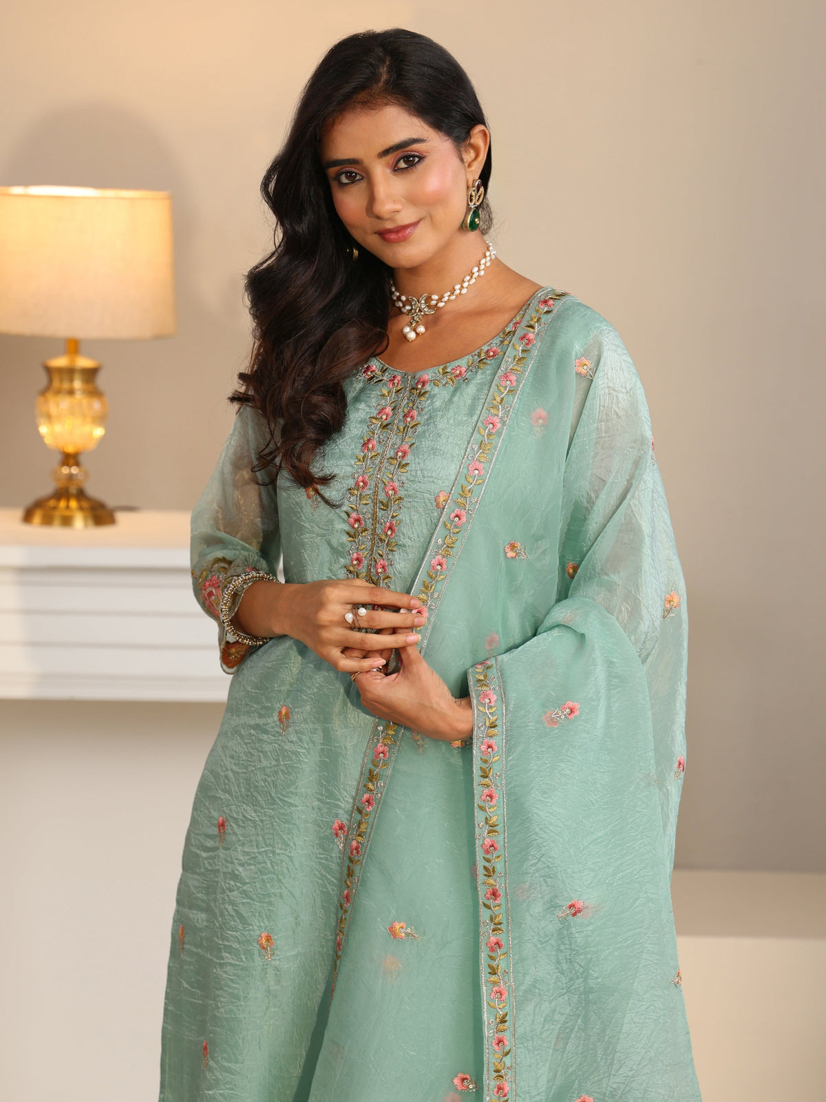 Anouk Pale Turquoise Blue Floral Embroidered Tissue Straight Suit Set