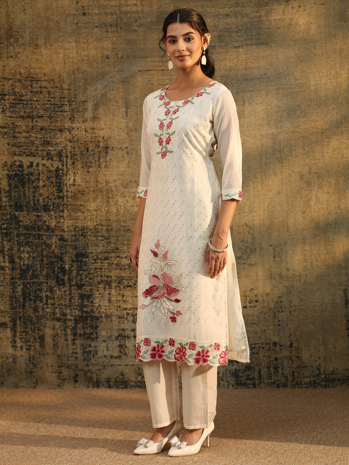 Anouk White Floral Chevron Printed Chinon Straight Suit Set