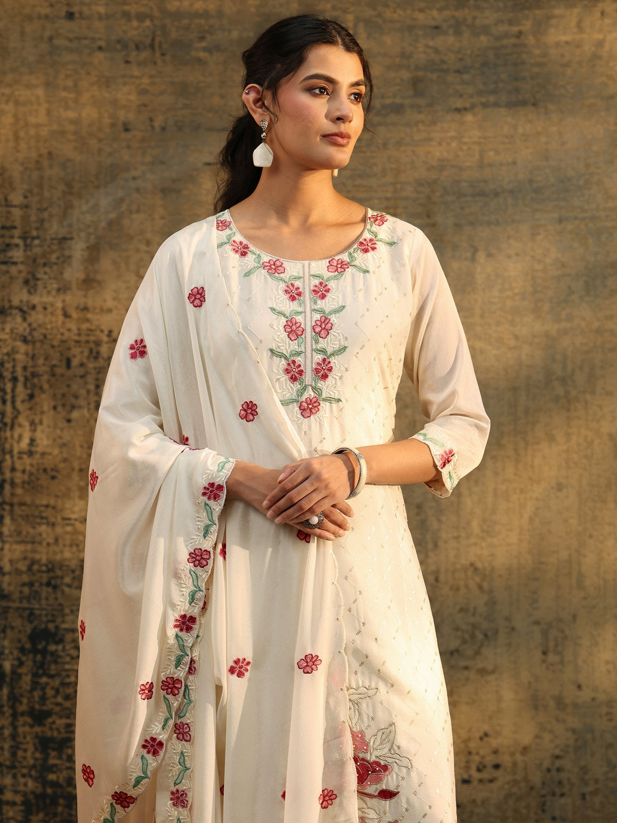 Anouk White Floral Chevron Printed Chinon Straight Suit Set