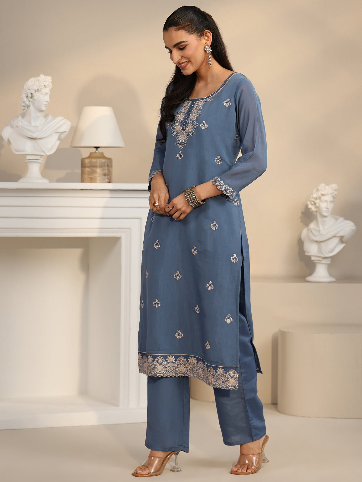 Anouk Dusty Blue Ethnic Embroidered Silk Blend Straight Suit Set