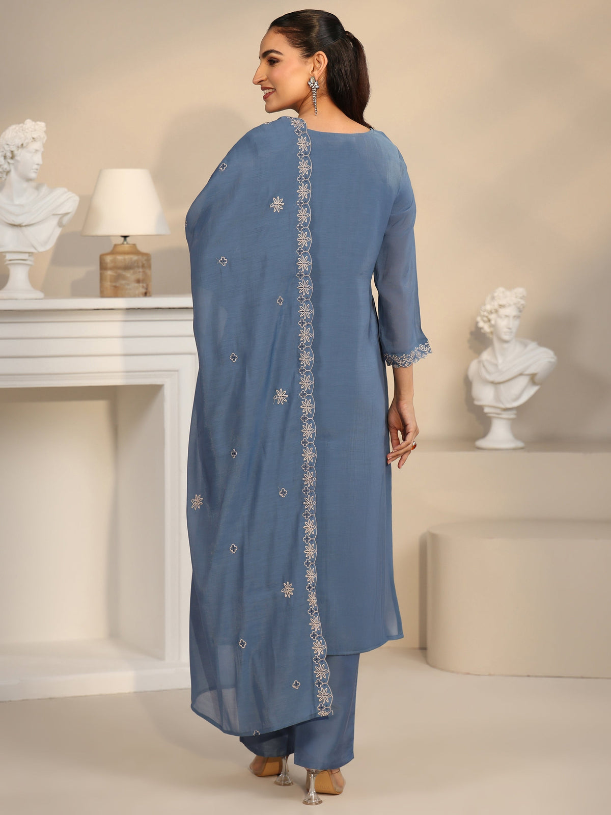 Anouk Dusty Blue Ethnic Embroidered Silk Blend Straight Suit Set
