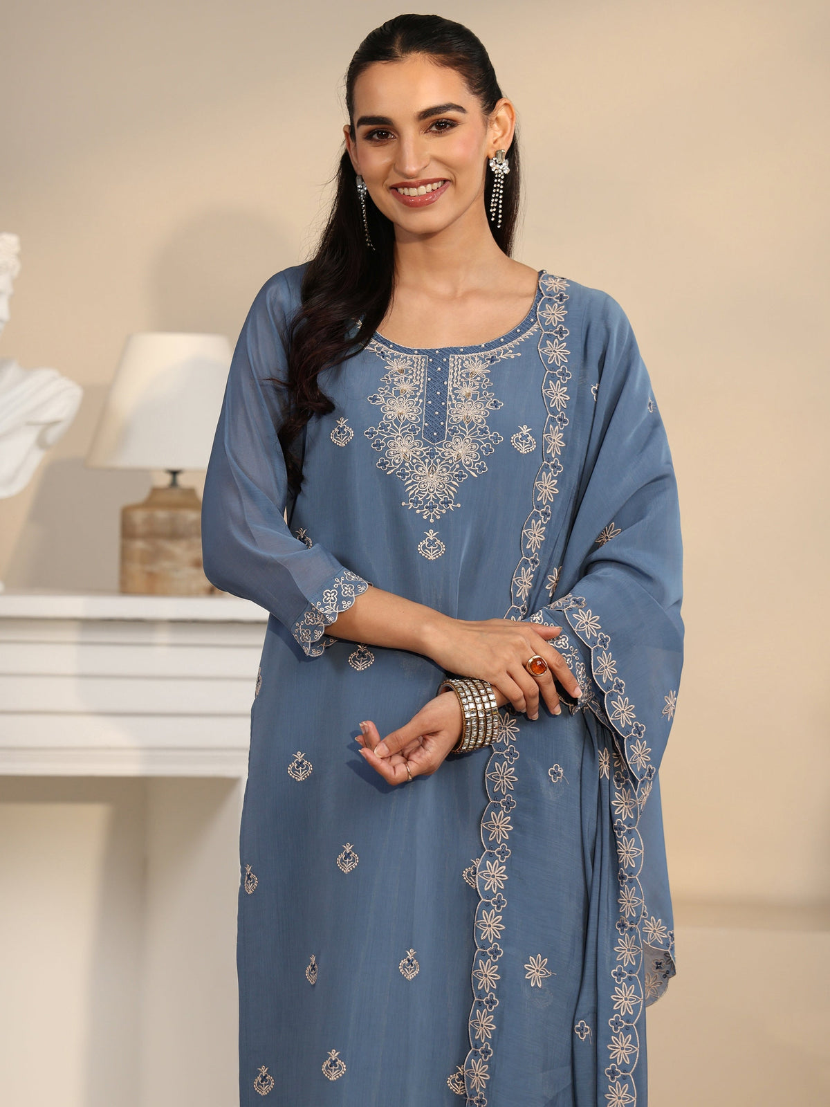 Anouk Dusty Blue Ethnic Embroidered Silk Blend Straight Suit Set