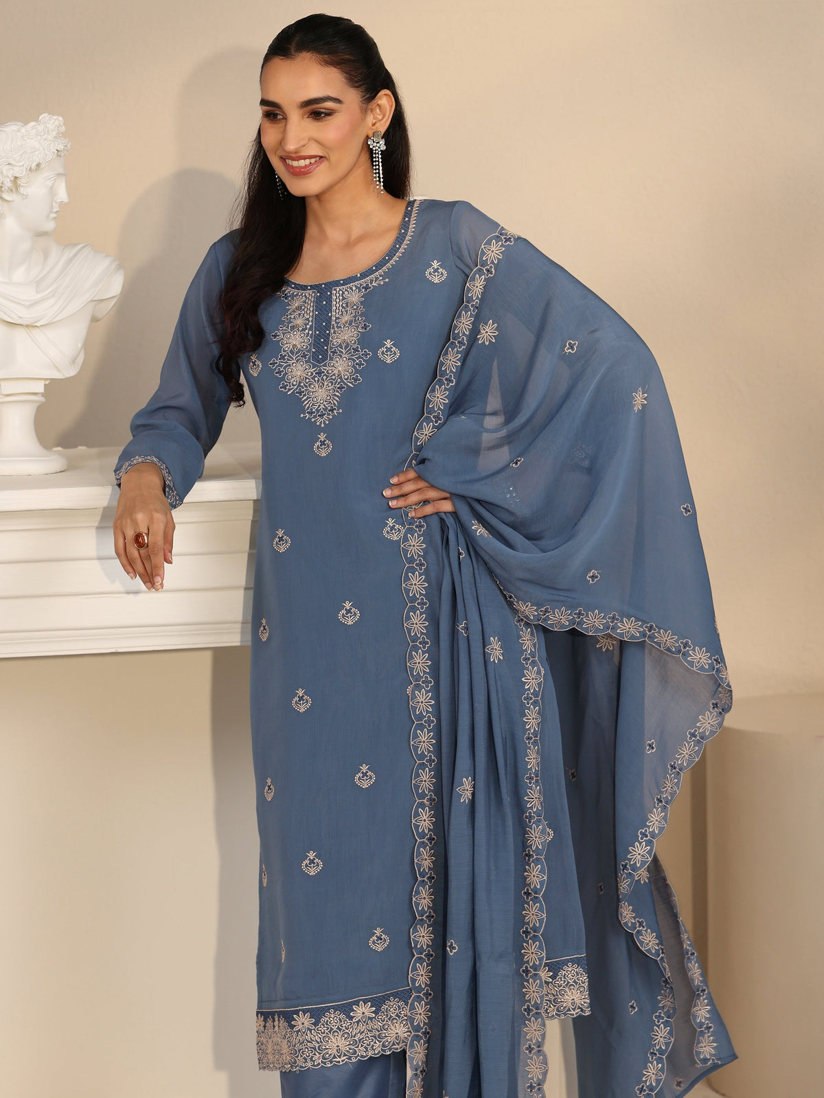 Anouk Dusty Blue Ethnic Embroidered Silk Blend Straight Suit Set