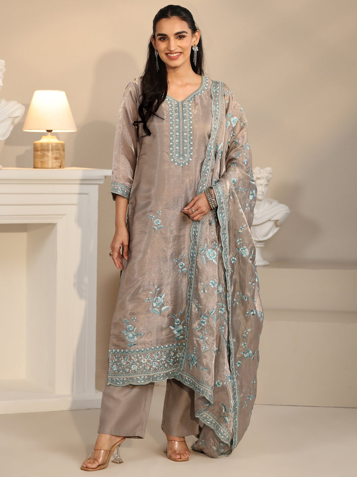 Anouk Grey Floral Embroidered Organza Straight Suit Set