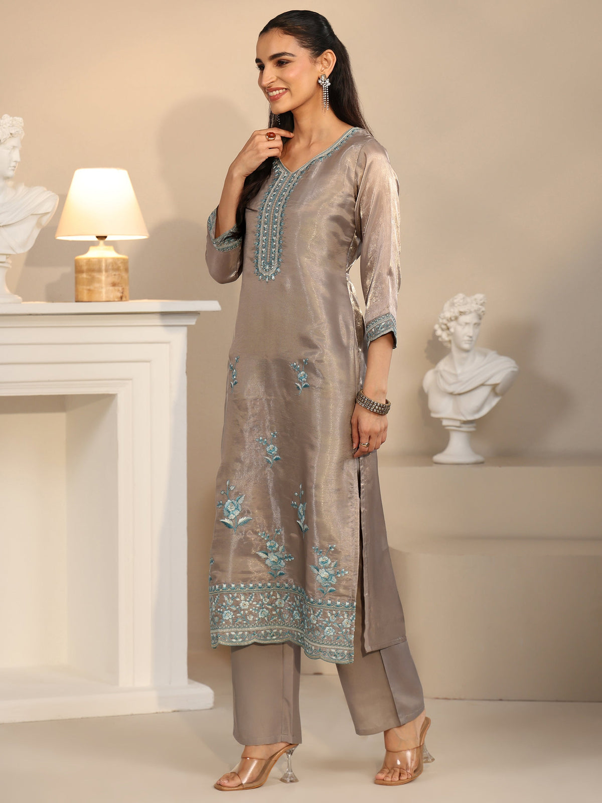 Anouk Grey Floral Embroidered Organza Straight Suit Set
