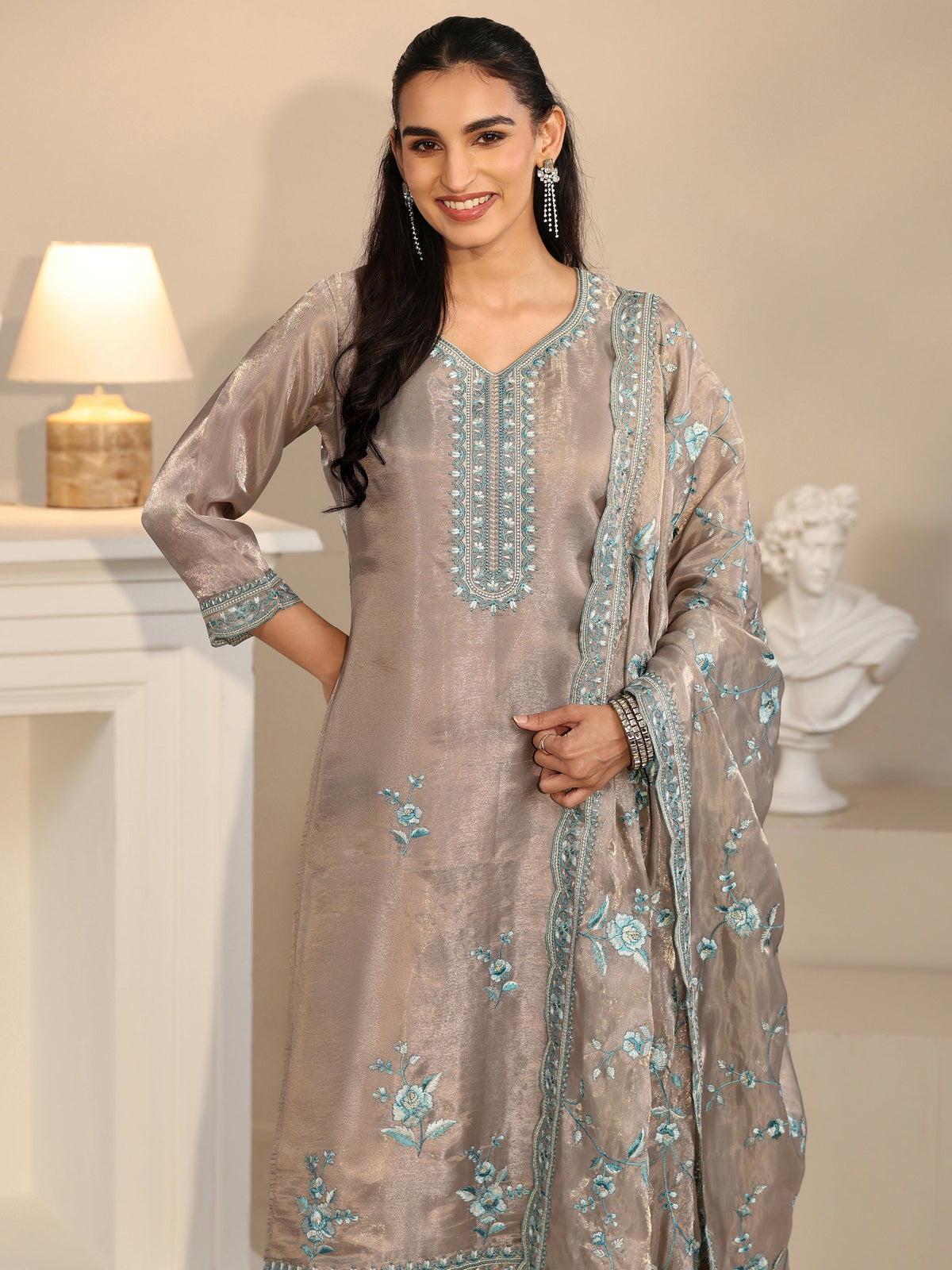 Anouk Grey Floral Embroidered Organza Straight Suit Set