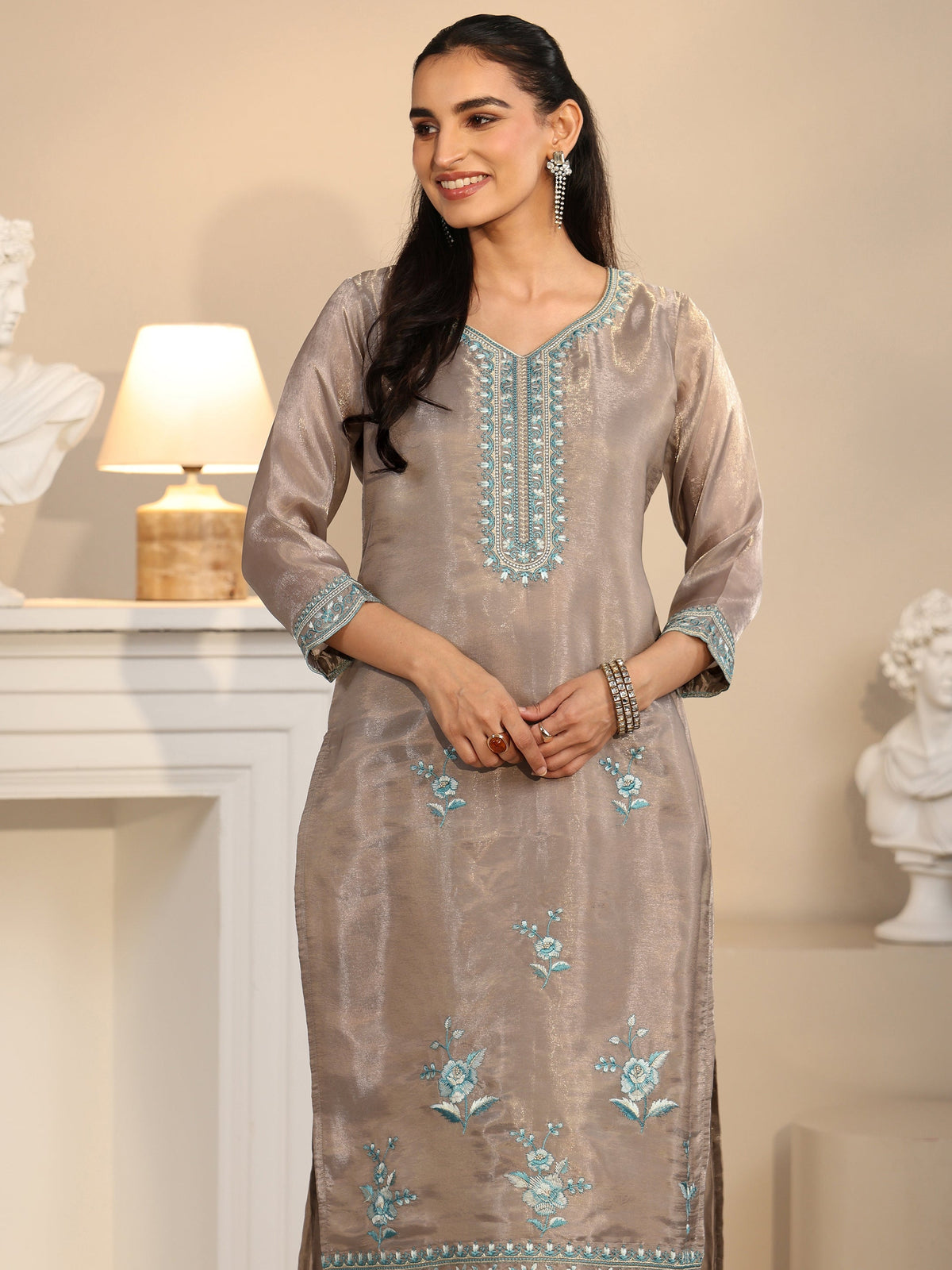 Anouk Grey Floral Embroidered Organza Straight Suit Set
