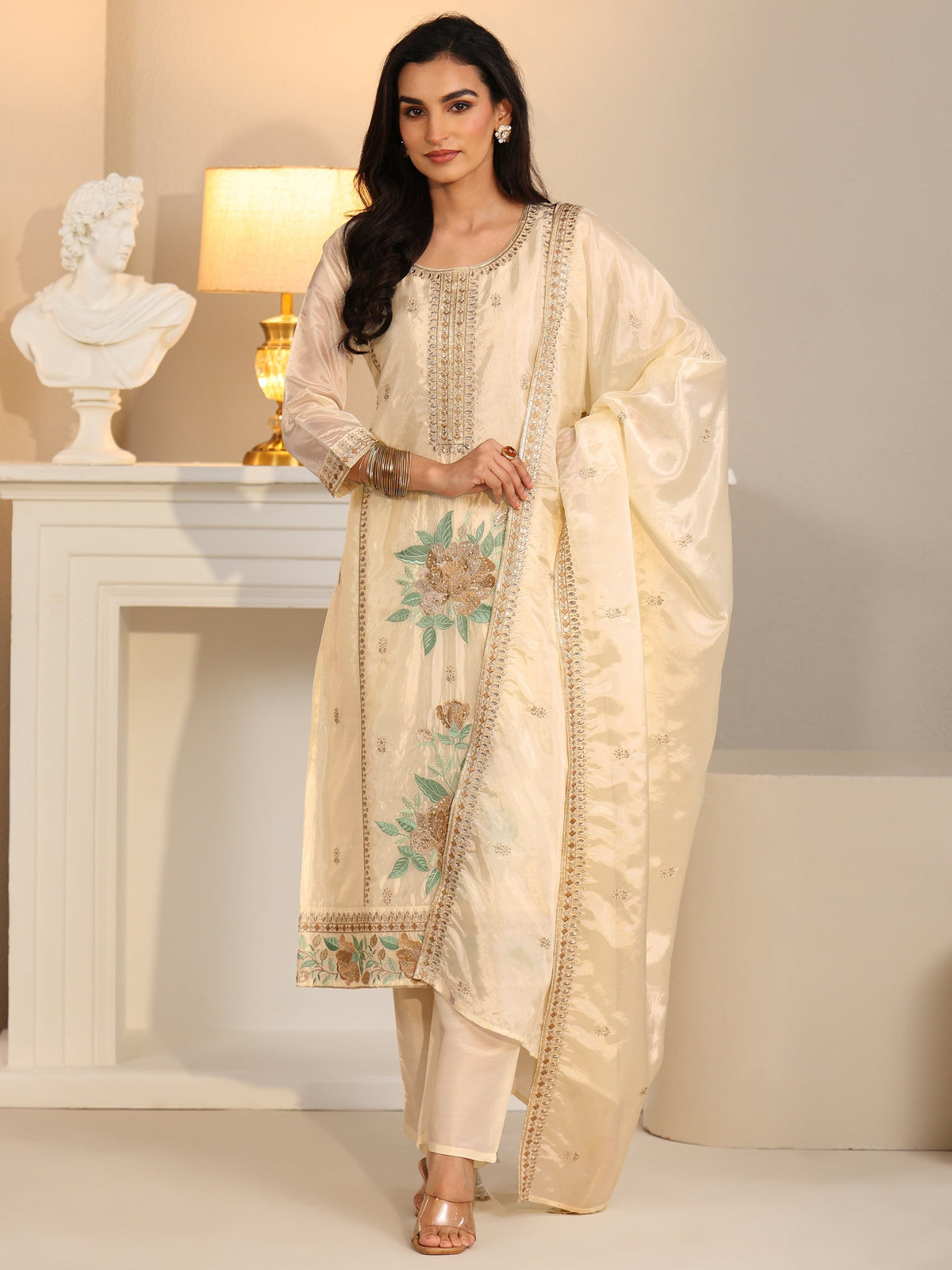 Anouk Cream Floral Embroiderd Organza Straight Suit Set