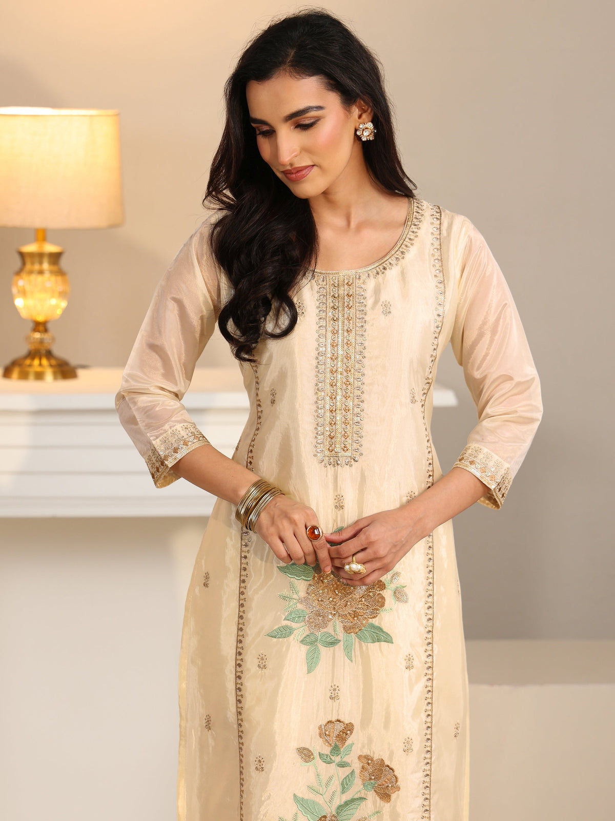 Anouk Cream Floral Embroiderd Organza Straight Suit Set