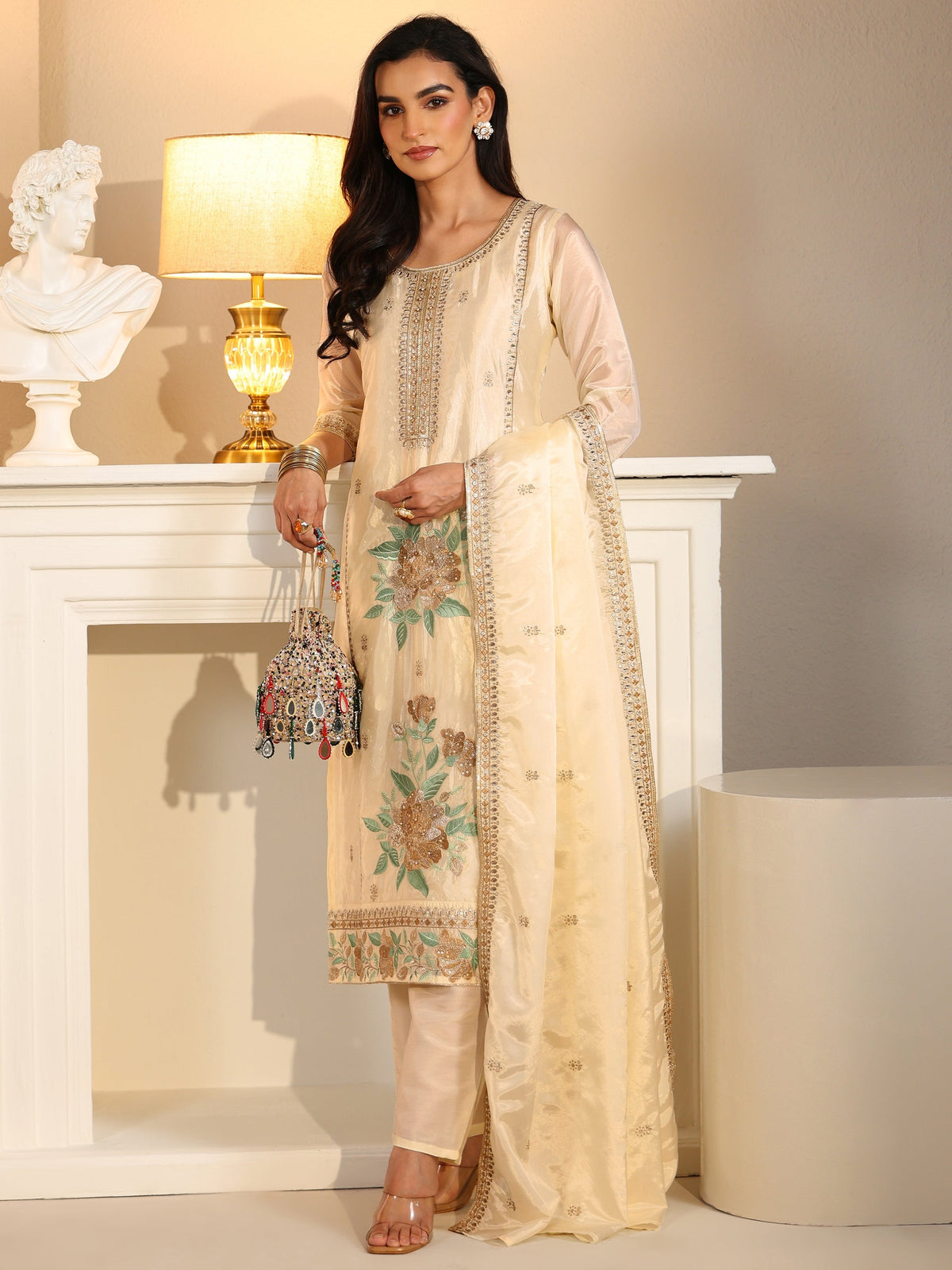 Anouk Cream Floral Embroiderd Organza Straight Suit Set