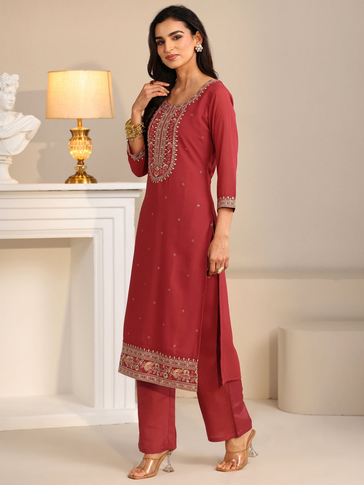 Anouk Crimson Red Floral Embellished Georgette Straight Suit Set