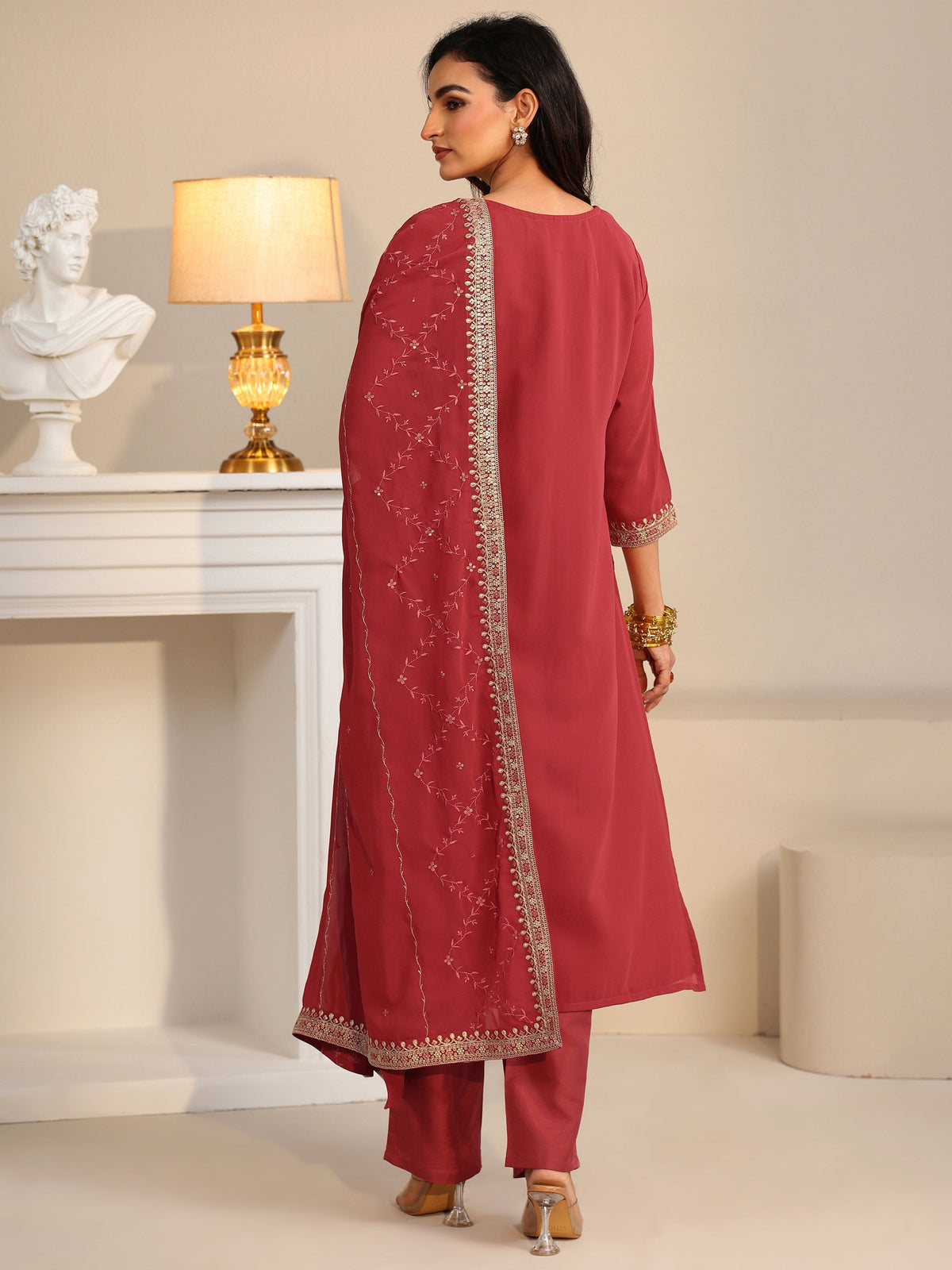 Anouk Crimson Red Floral Embellished Georgette Straight Suit Set