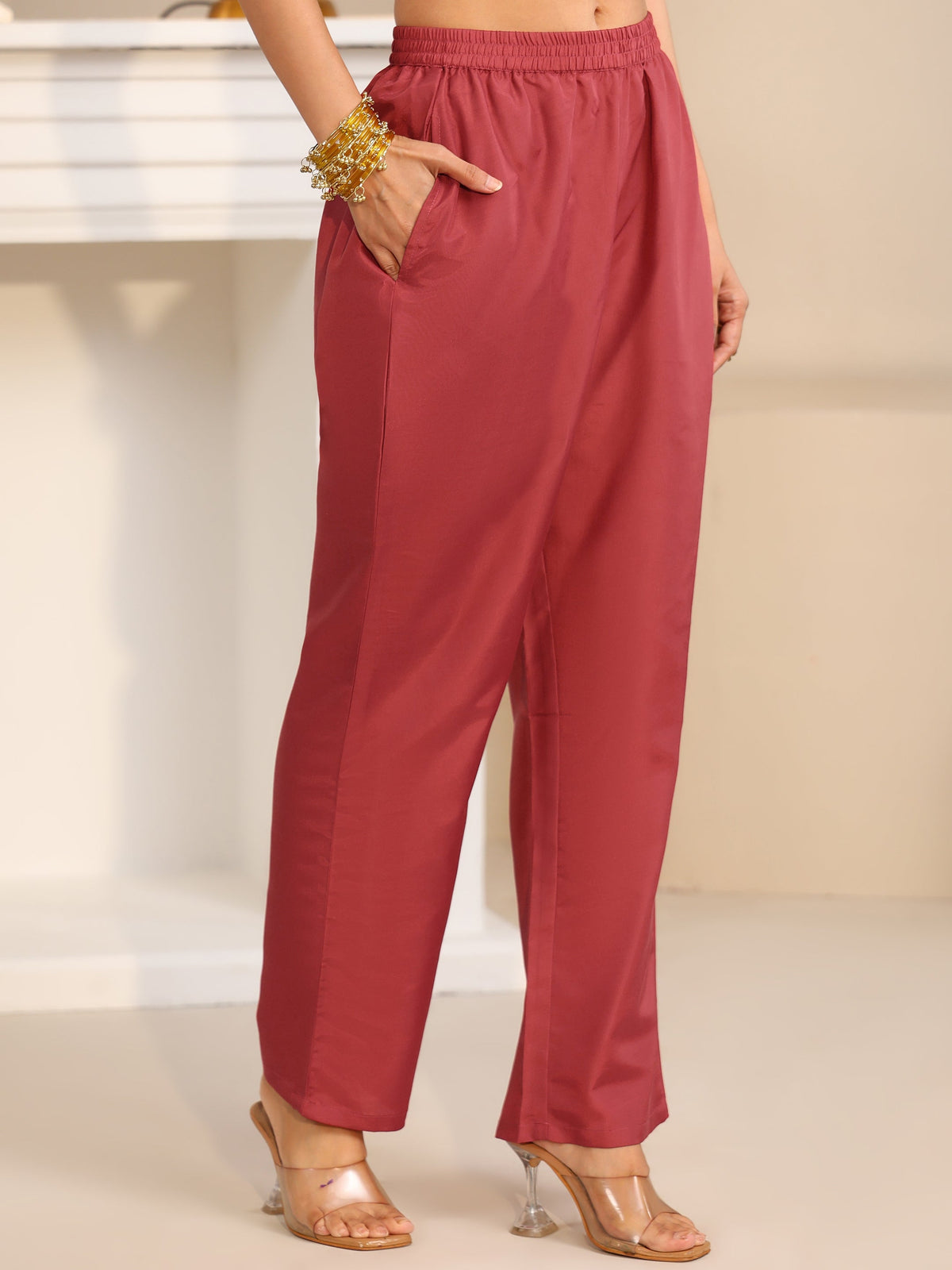 Anouk Crimson Red Floral Embellished Georgette Straight Suit Set