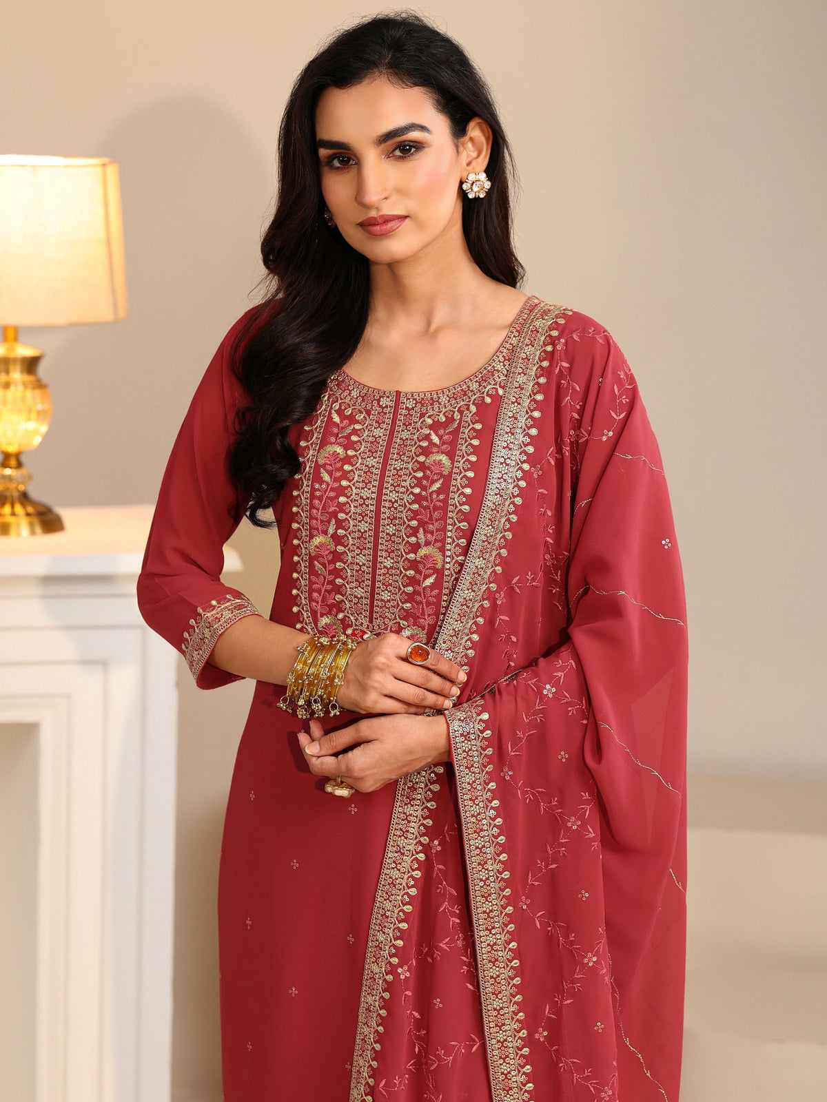 Anouk Crimson Red Floral Embellished Georgette Straight Suit Set